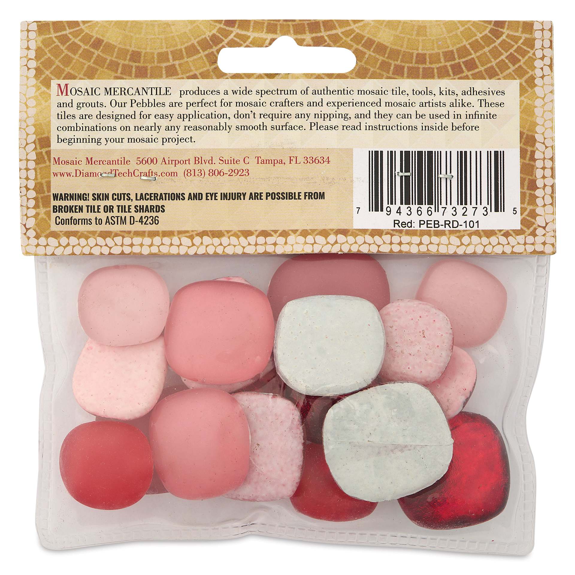 Mosaic Mercantile Glass Pebble Tiles - Red, 4 oz, back of packaging