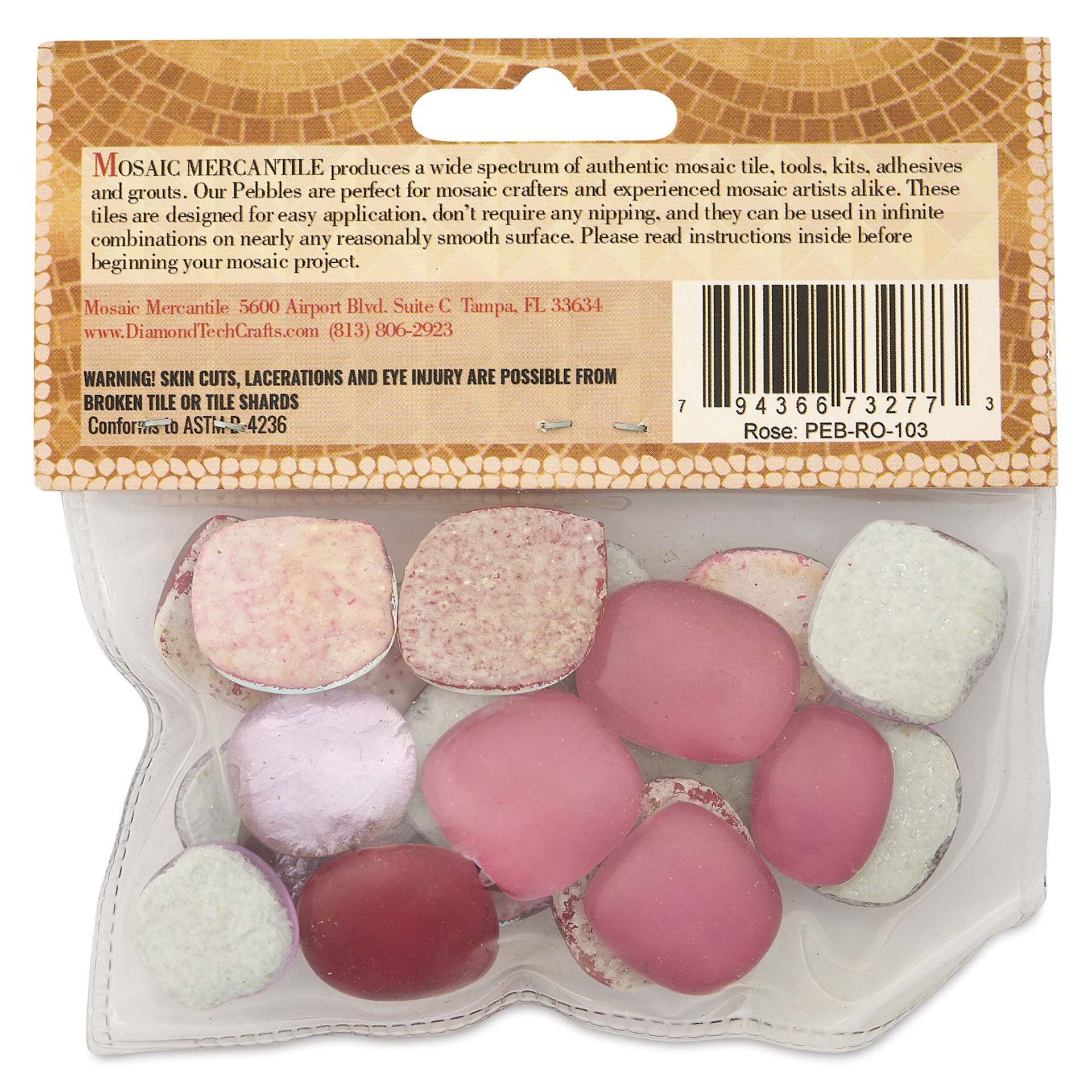Mosaic Mercantile Glass Pebble Tiles - Rose, 4 oz, back of packaging