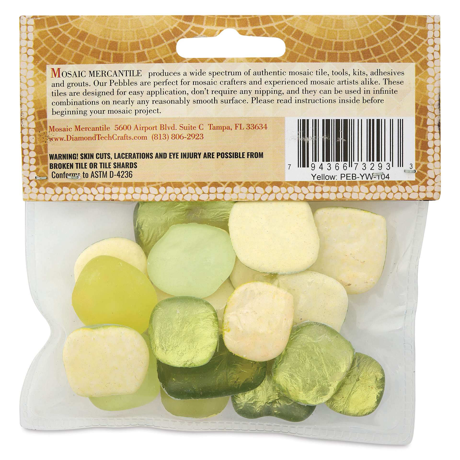 Mosaic Mercantile Glass Pebble Tiles - Yellow, 4 oz, back of packaging
