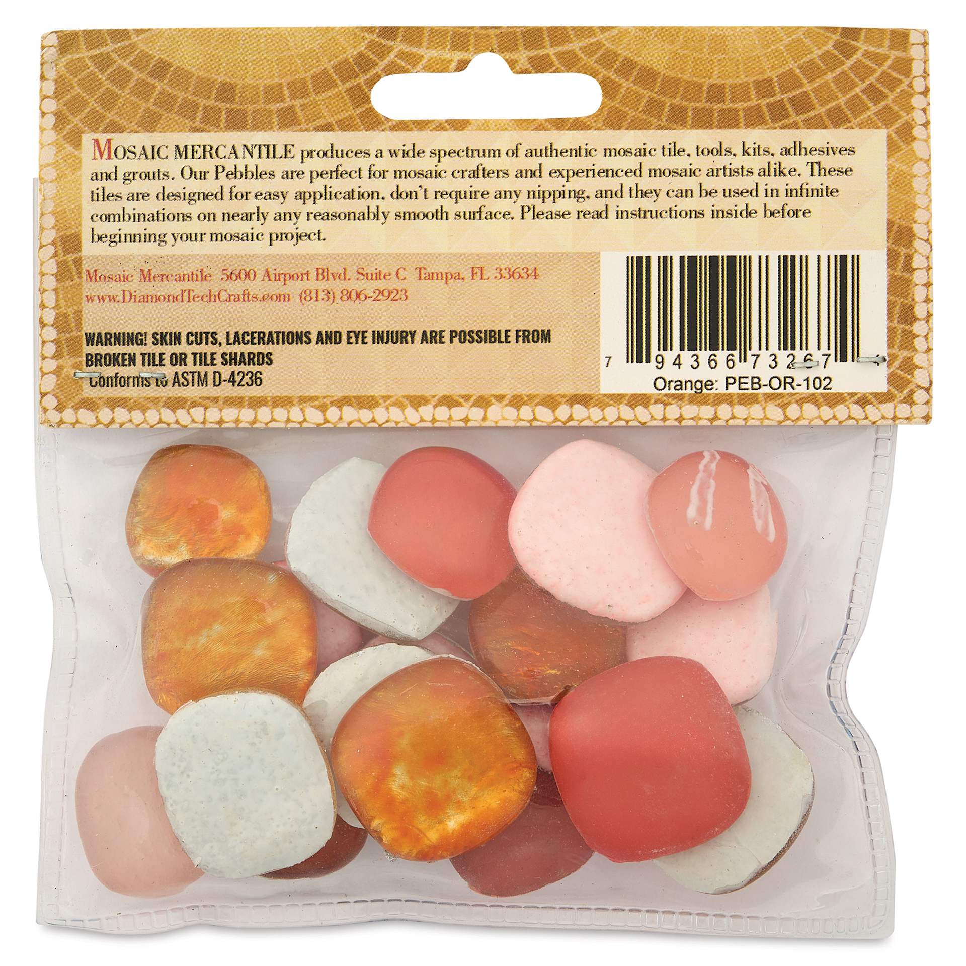 Mosaic Mercantile Glass Pebble Tiles - Orange, 4 oz, back of packaging