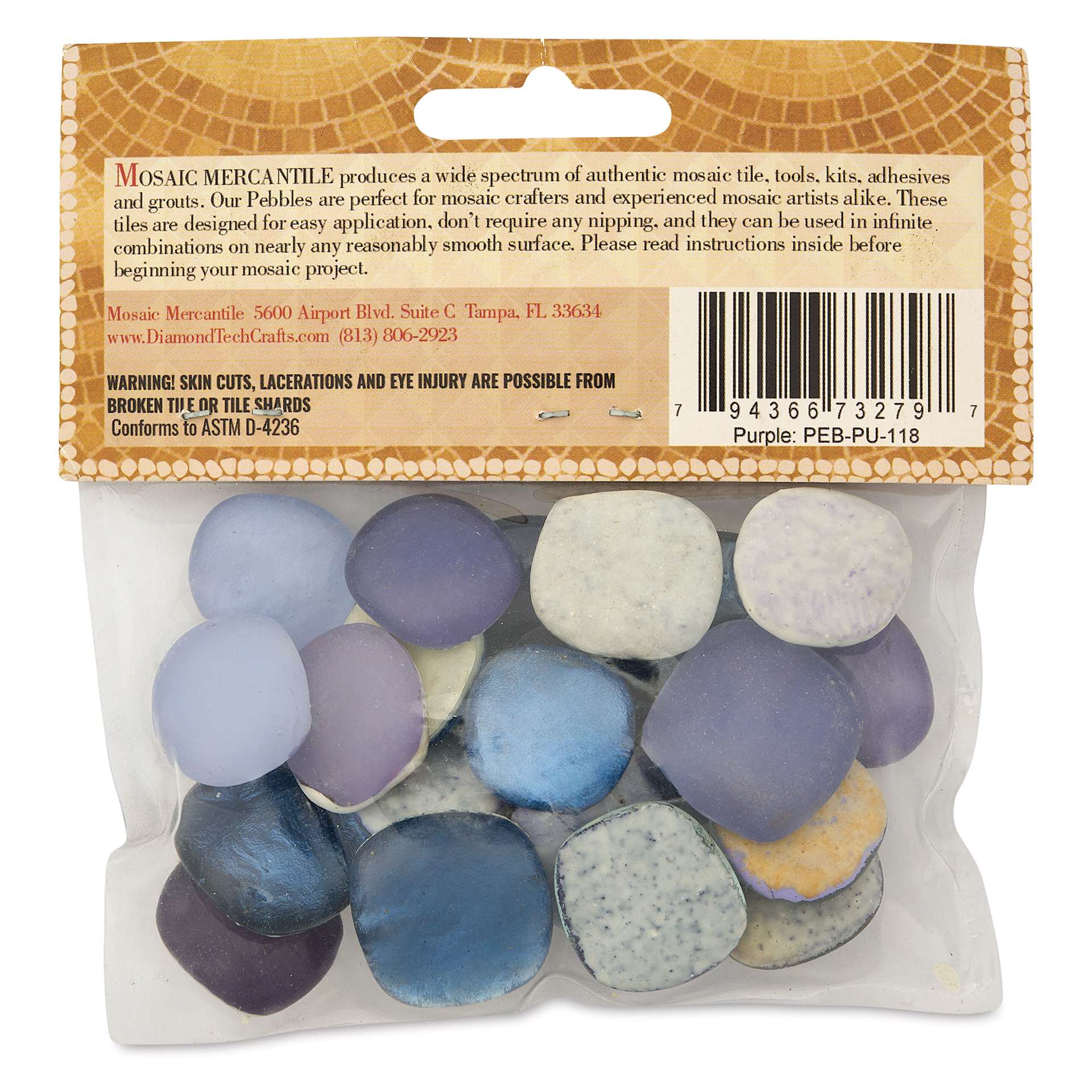Mosaic Mercantile Glass Pebble Tiles - Purple, 4 oz, back of packaging