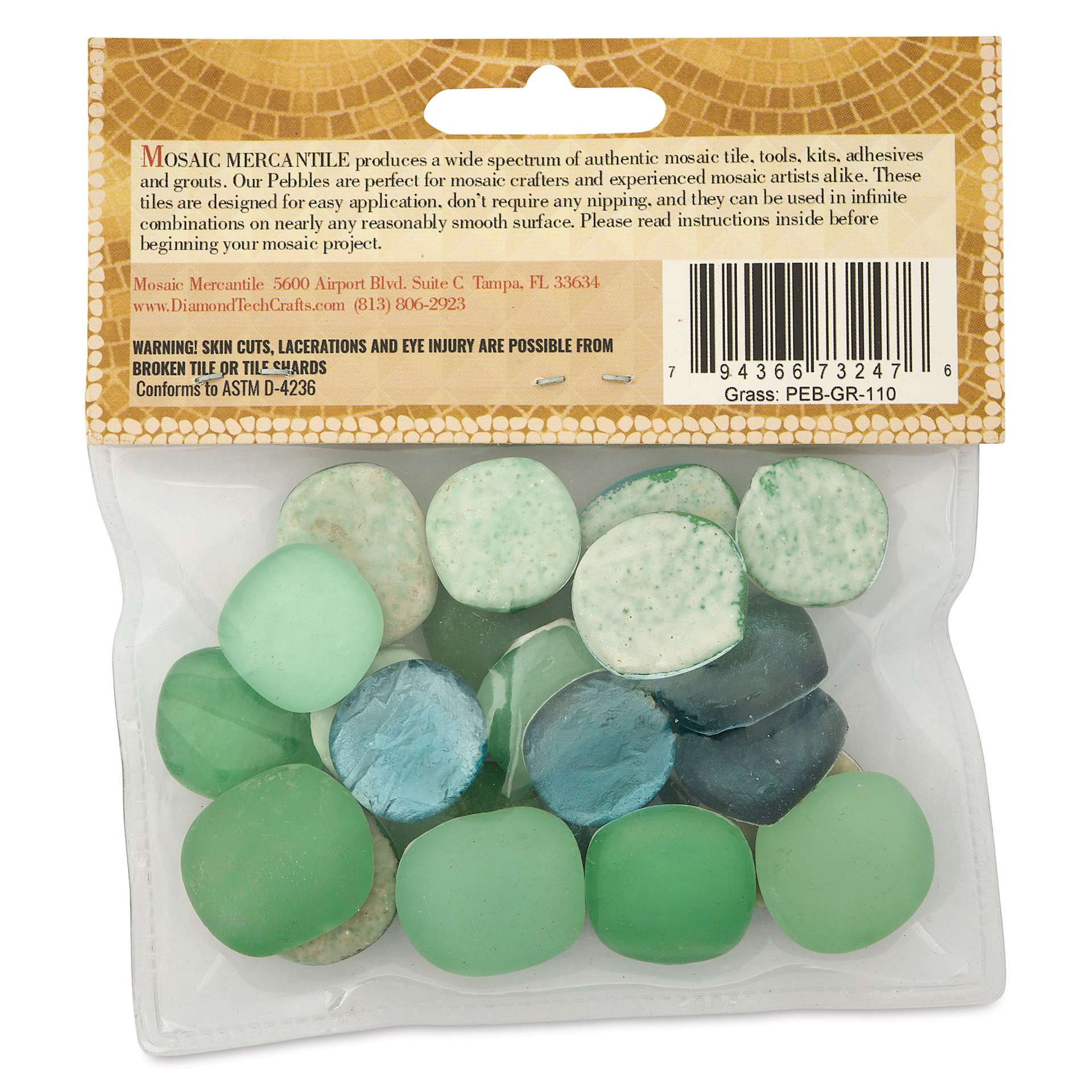 Mosaic Mercantile Glass Pebble Tiles - Grass, 4 oz, back of packaging