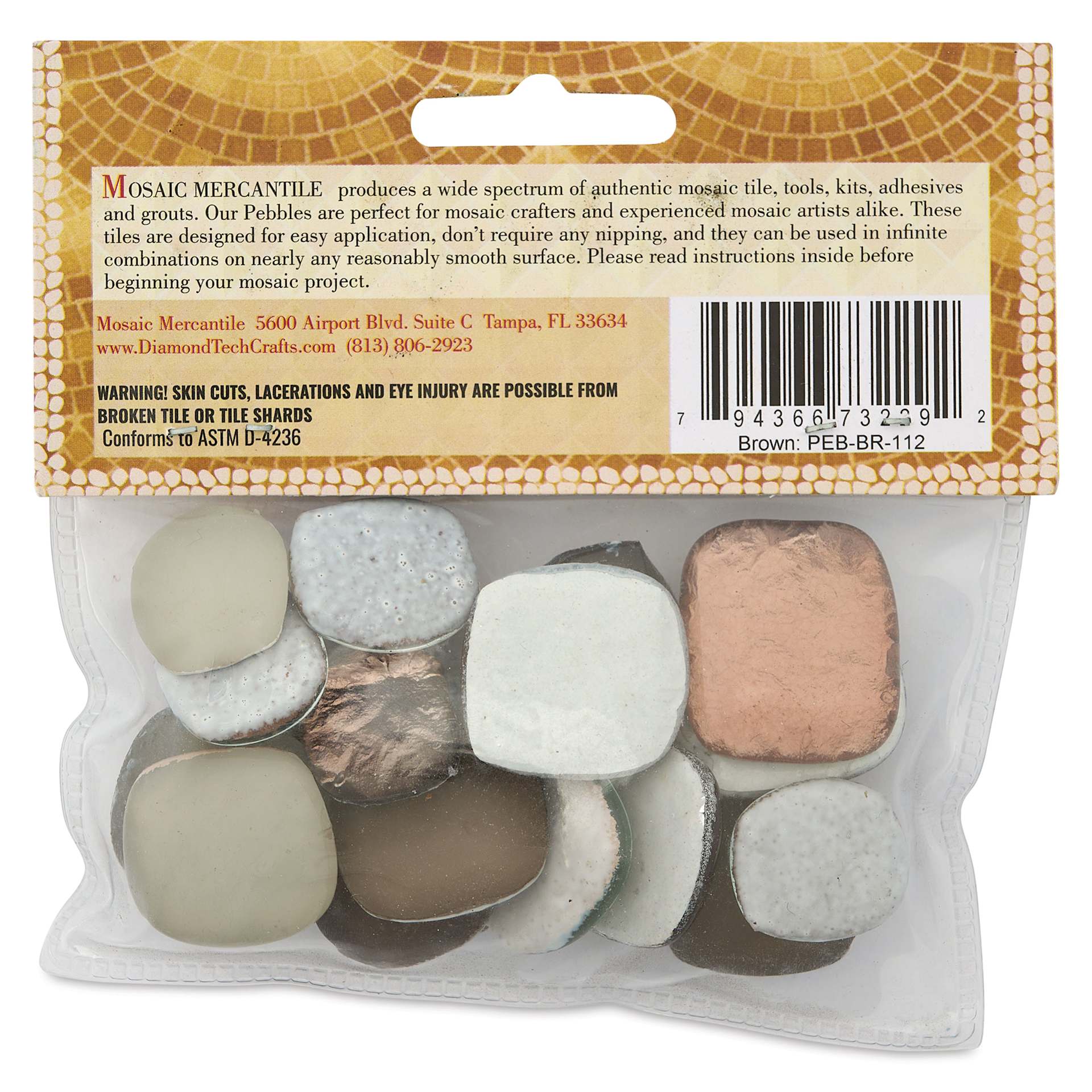 Mosaic Mercantile Glass Pebble Tiles - Brown, 4 oz, back of packaging