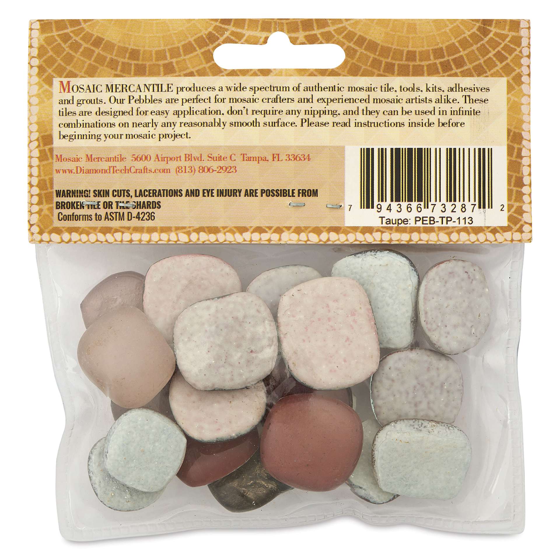 Mosaic Mercantile Glass Pebble Tiles - Taupe, 4 oz, back of packaging