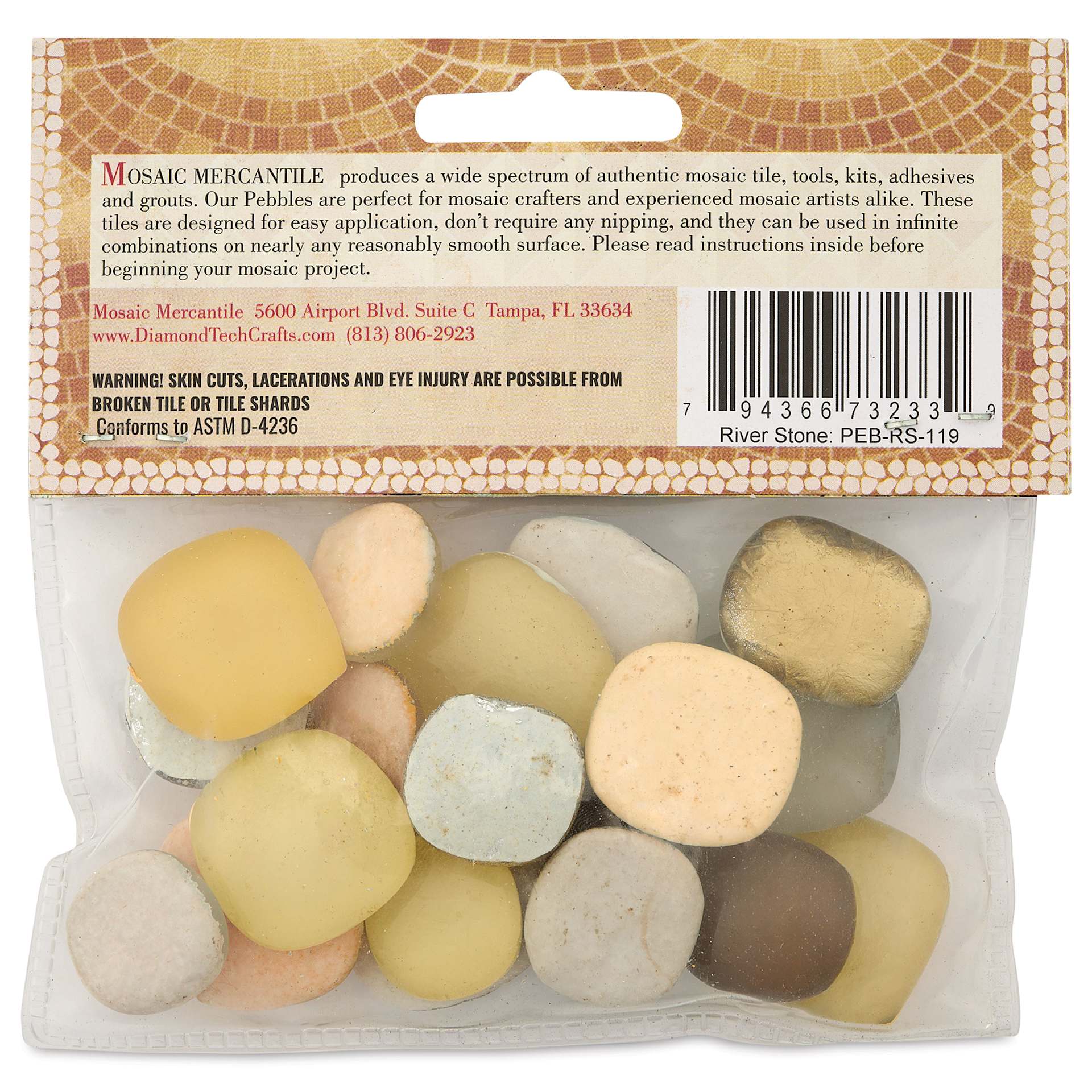 Mosaic Mercantile Glass Pebble Tiles - River Stone, 4 oz, back of packaging