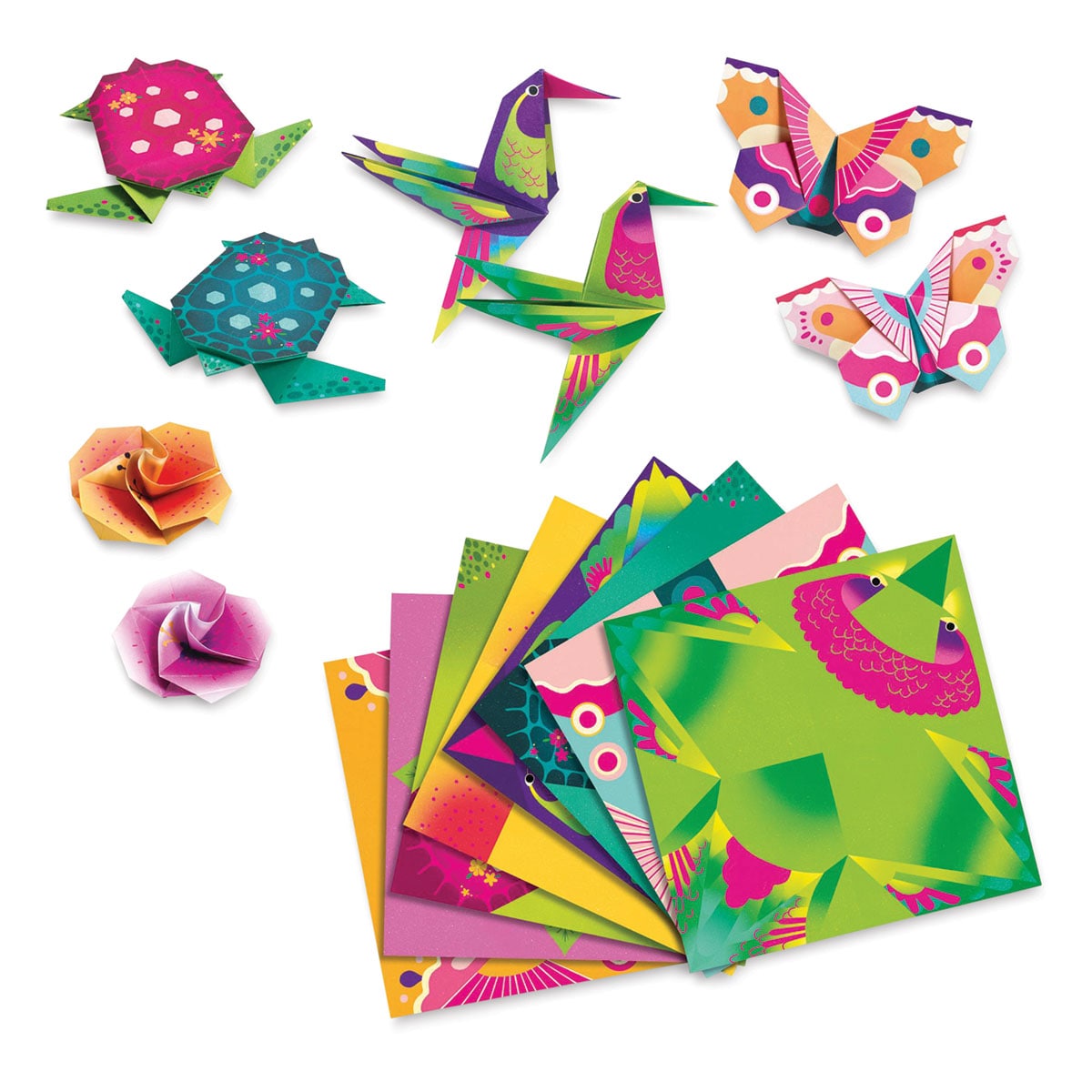 Djeco Origami Kit - Tropics origami paper with completed tropical origami figures