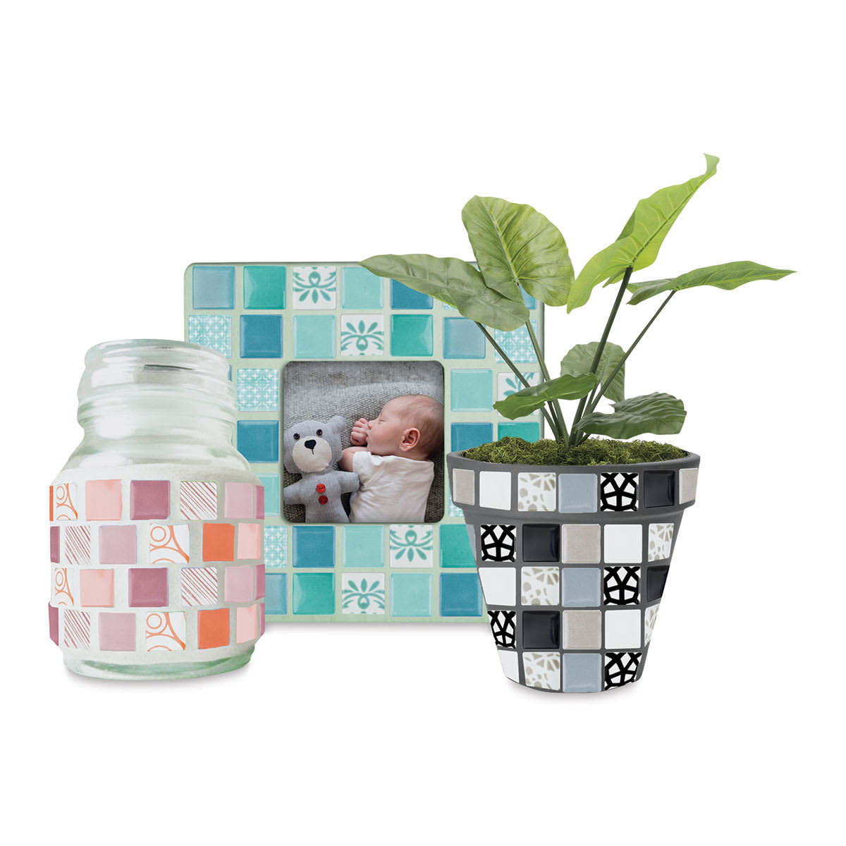 Mosaic Mercantile Patchwork Tiles - Sample Artwork: Jar, Frame, and Planter