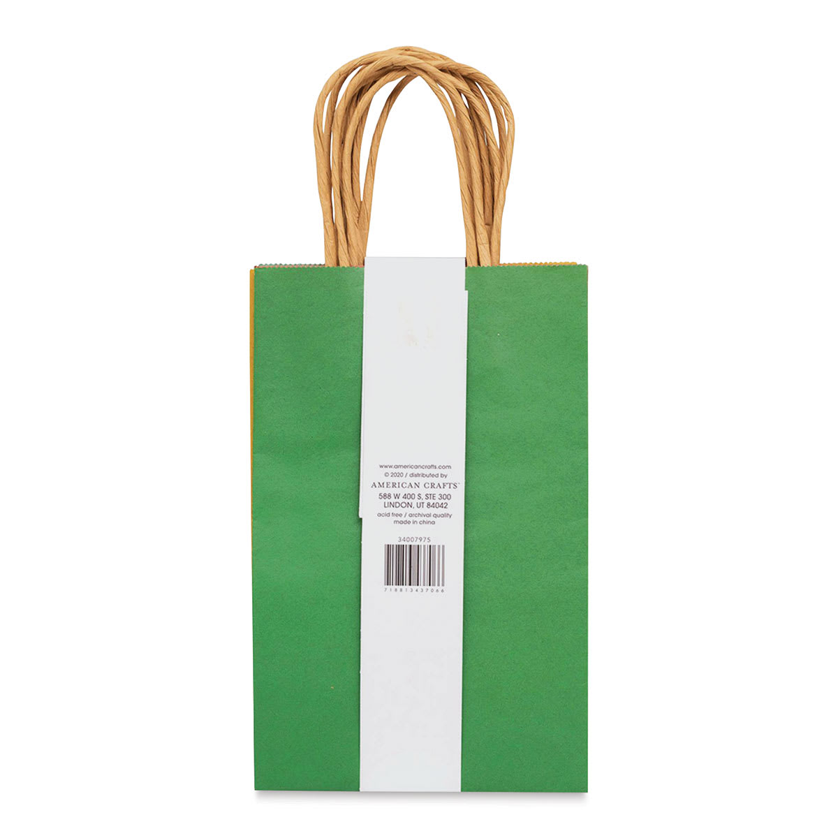 American Crafts Fancy That Kraft Bags - Brights, Small, Package of 6, 8-1/4"H x 5-1/4"W x 3-1/4"D (Back of packaging)