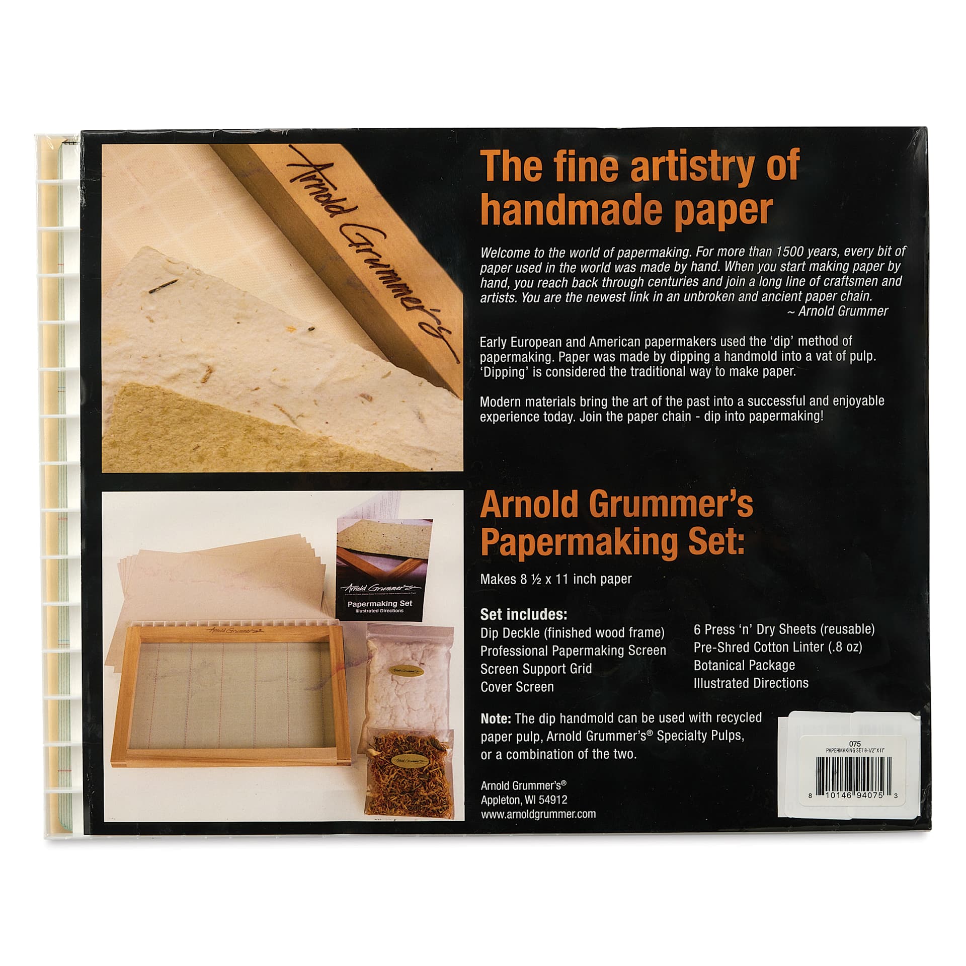 Arnold Grummer’s Dip into Papermaking Set, back of packaging