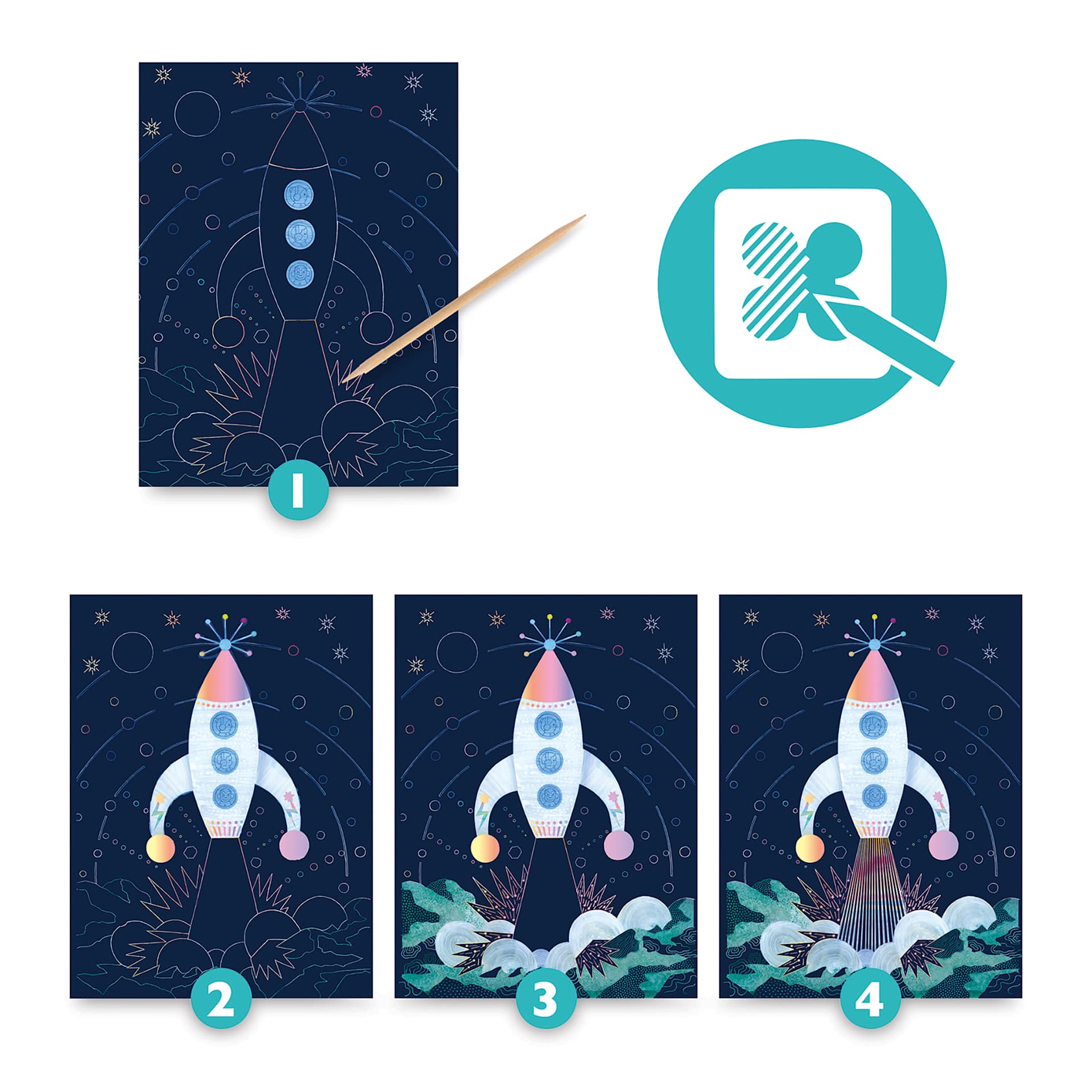 Djeco Petit Gift Scratch Board Kit - Cosmic Mission (Scratch board steps)