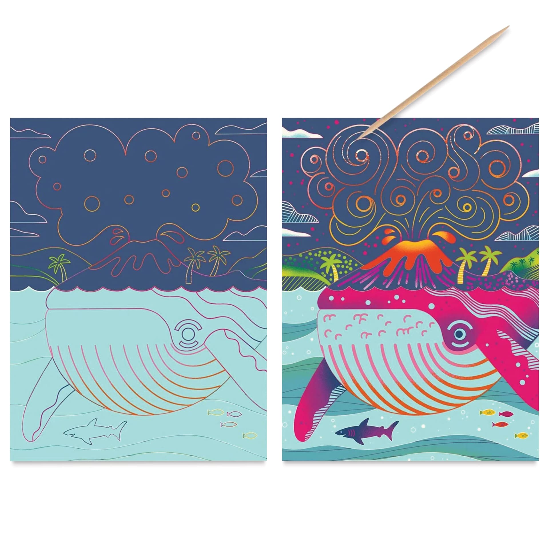 Djeco Dual-Color Scratch Boards - Topsy-Turvy, Set of 4 - single example, unfinished and finished 