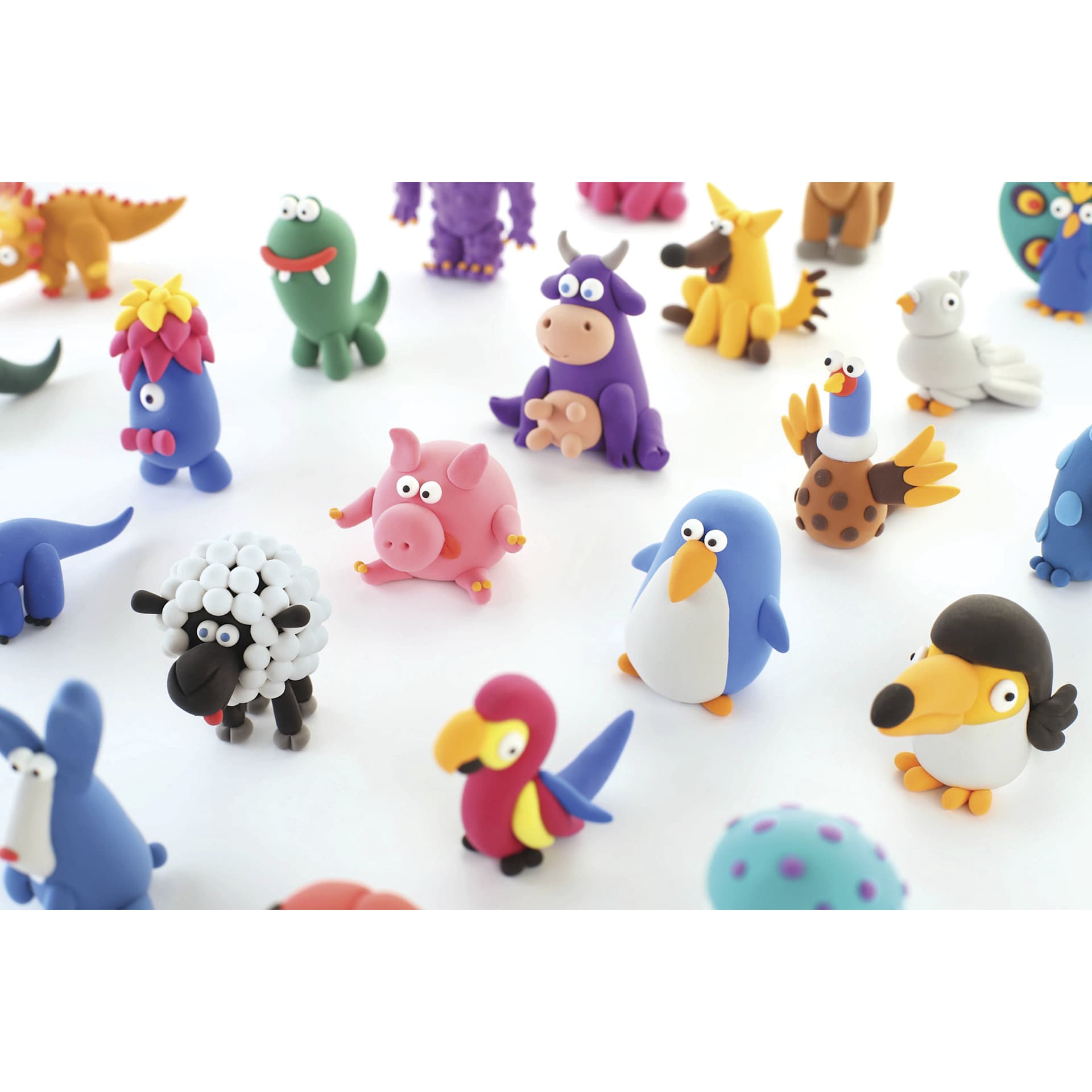 Fat Brain Toys Hey Clay Kits - many finished examples, close-up