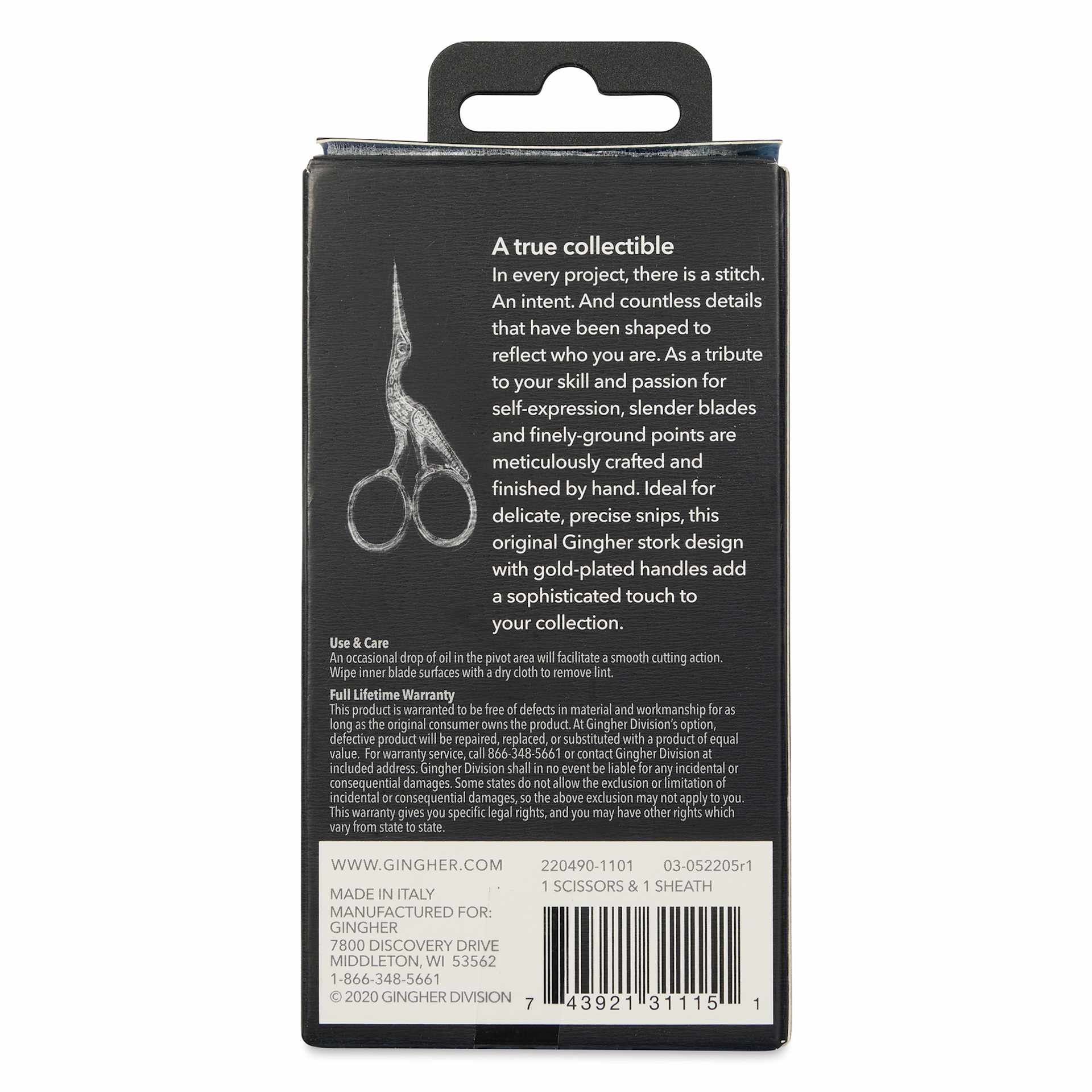 Gingher Stork Embroidery Scissors - Gold, 3-1/2" - back of packaging