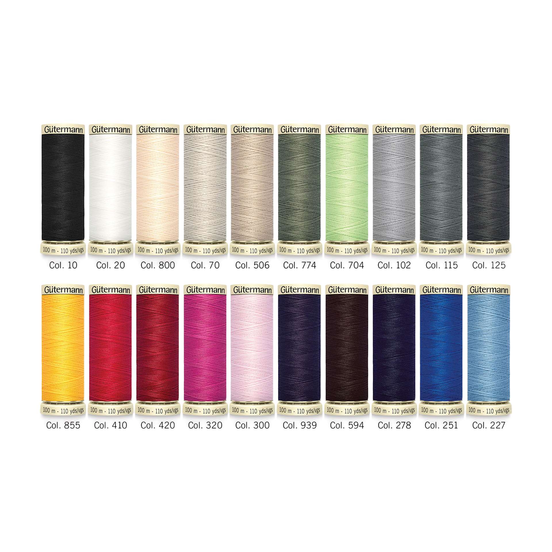 Gutermann Sew-All Polyester Thread - Set of 20, Basic Shades, 110 yd Spools