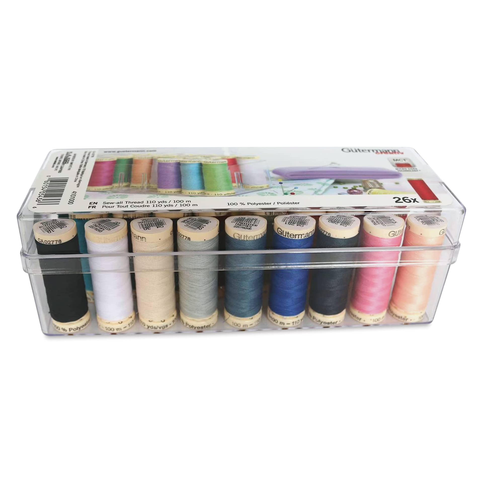 Gutermann Sew-All Polyester Thread - Set of 26, Basic Shades, 110 yd Spools with Box packaging angled view