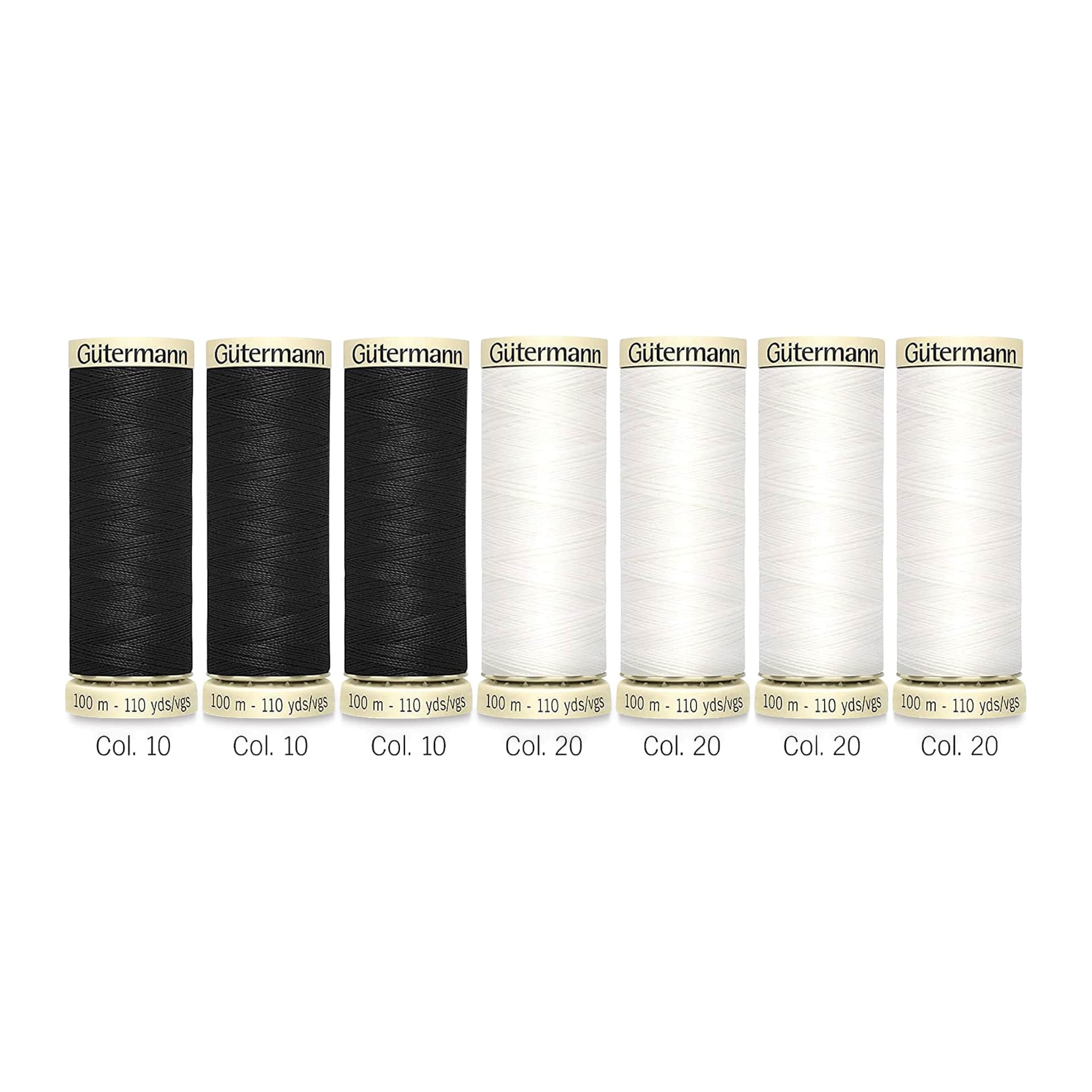 Gutermann Sew-All Polyester Thread - Set of 7, Black and White, 110 yd Spools