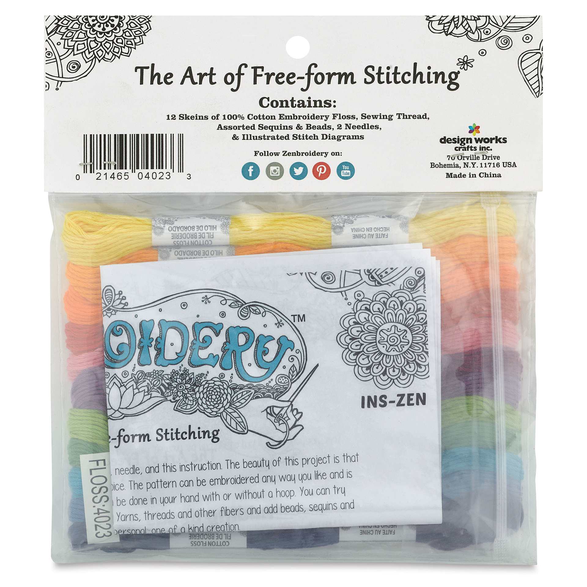 Design Works Zenbroidery Floss Trim Pack - Brights, Pkg of 12, back of the packaging