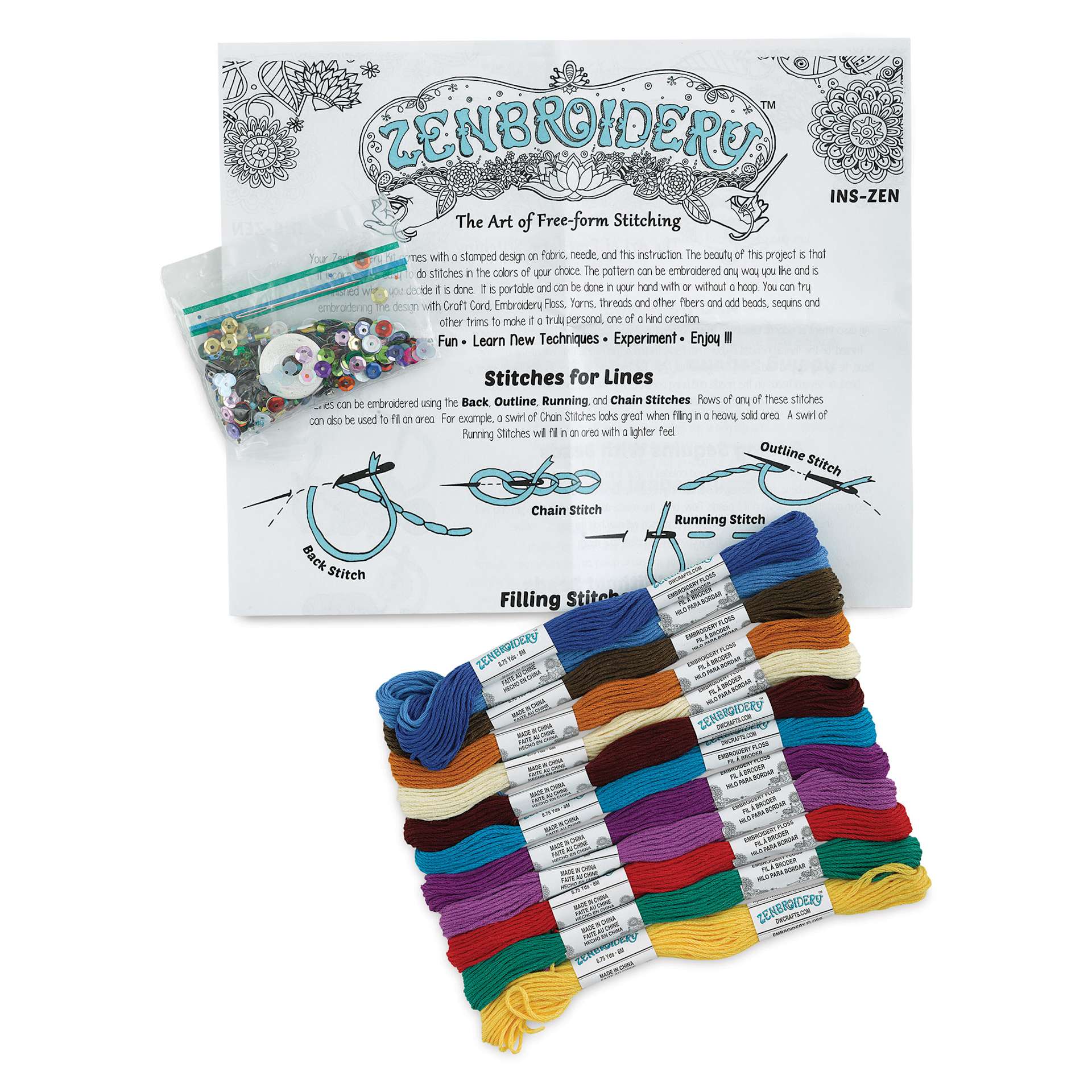 Design Works Zenbroidery Floss Trim Pack - Jewel Tones, Pkg of 12, contents laid out