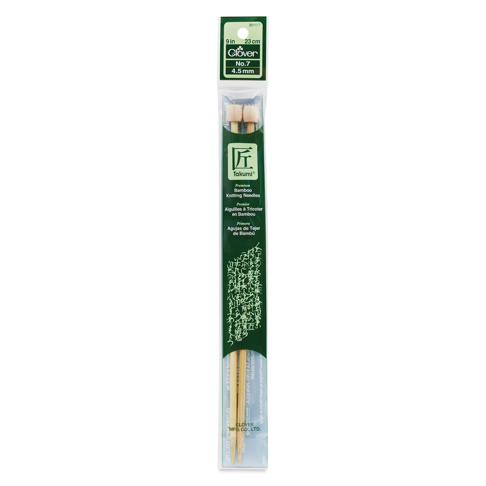 Clover Takumi Bamboo Straight Knitting Needles - Size 7, 9" Long front of packaging