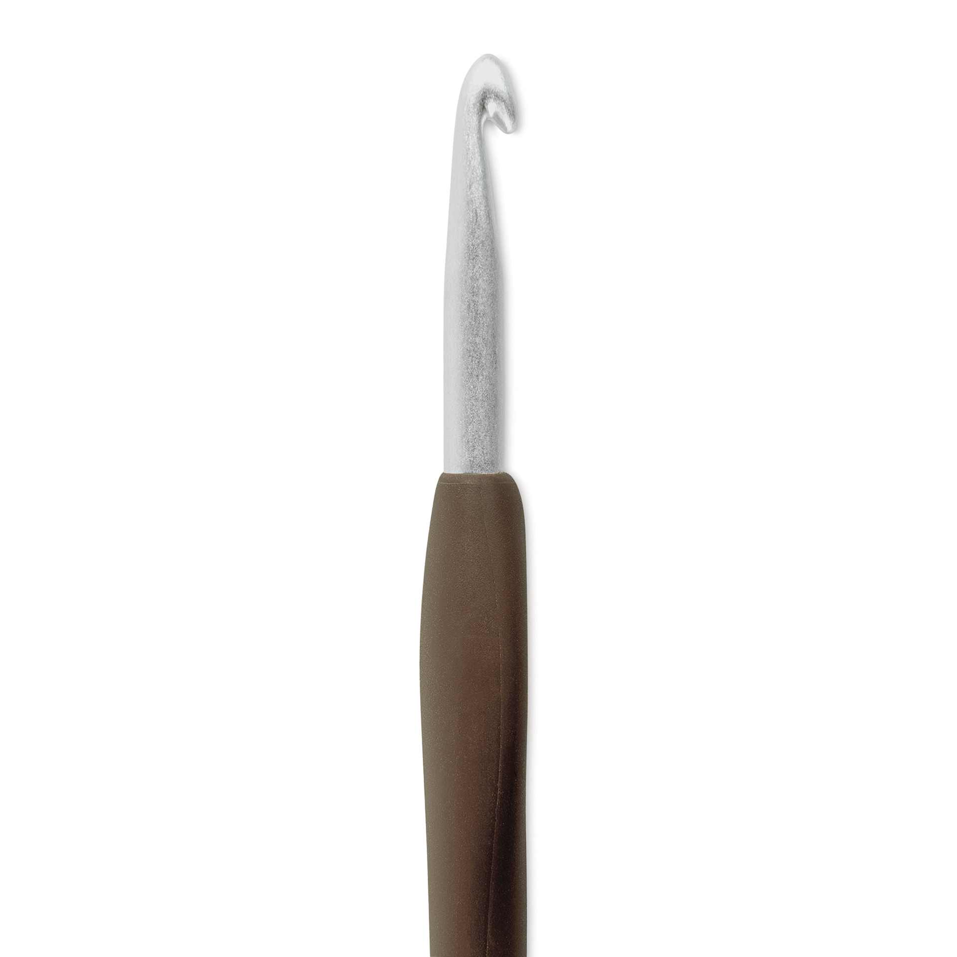 Clover Amour Aluminum Crochet Hook - J, 6 mm shown upright