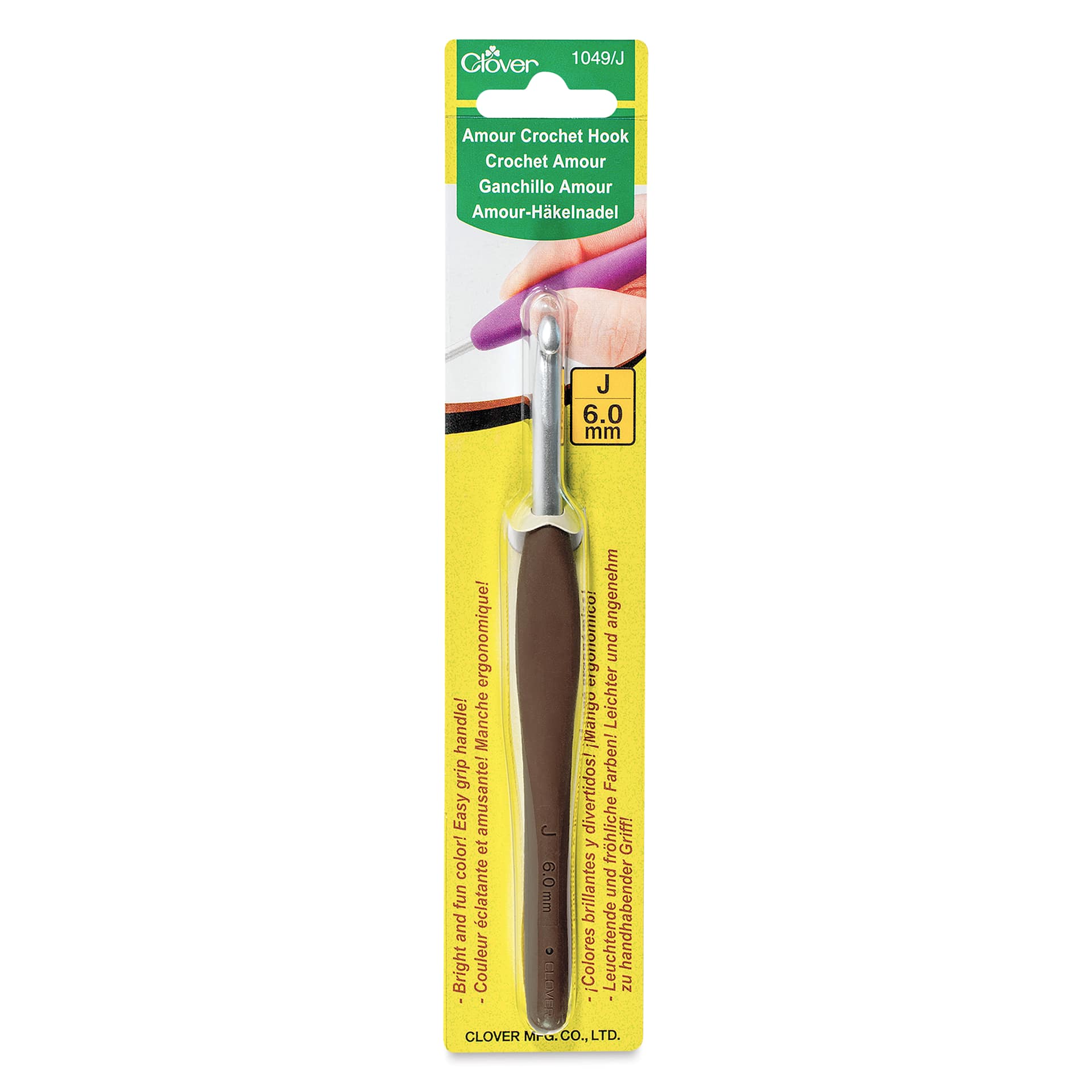 Clover Amour Aluminum Crochet Hook - J, 6 mm front of packaging