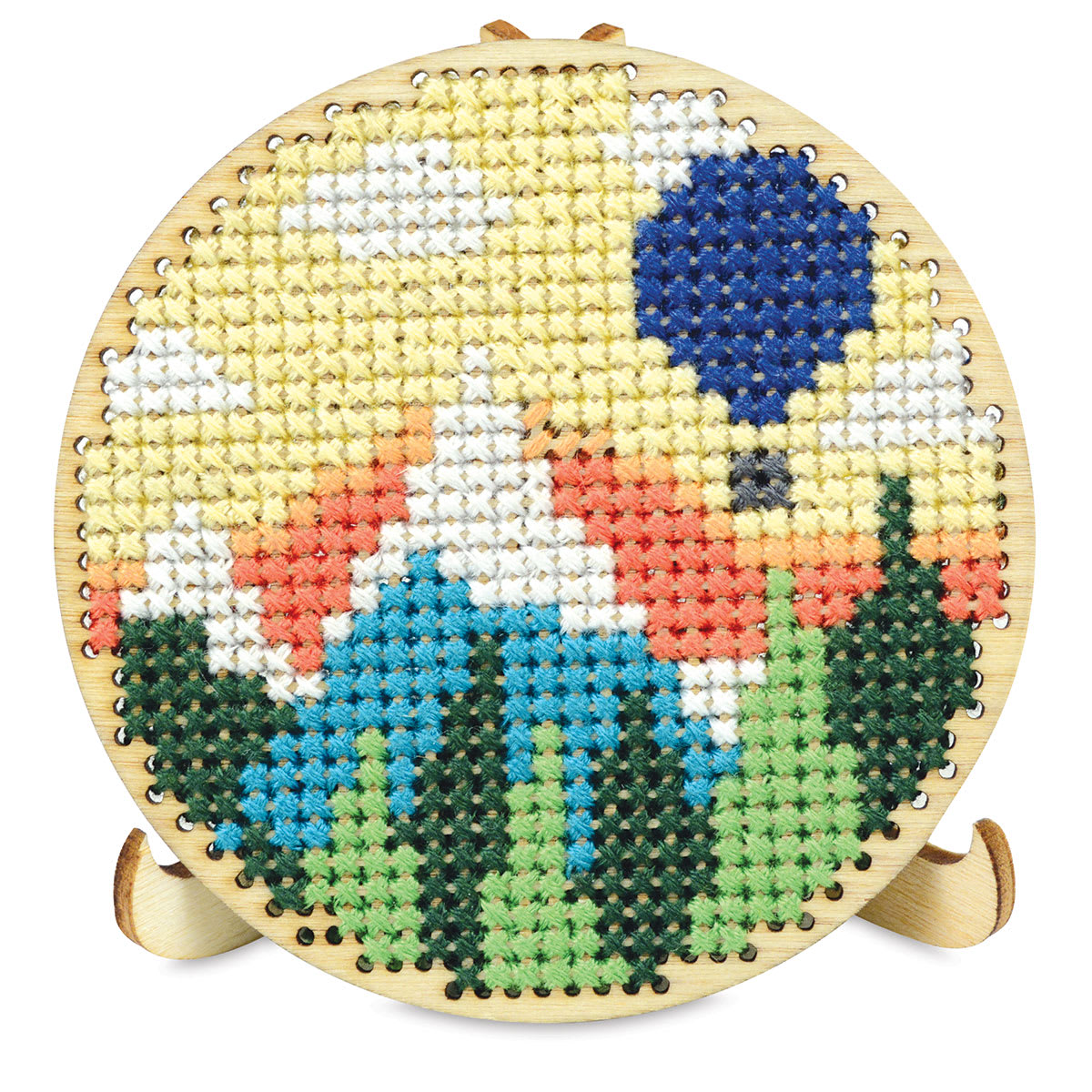 Cross Stitch Style Wood Shapes and Stands - Suggested design finished and displayed

