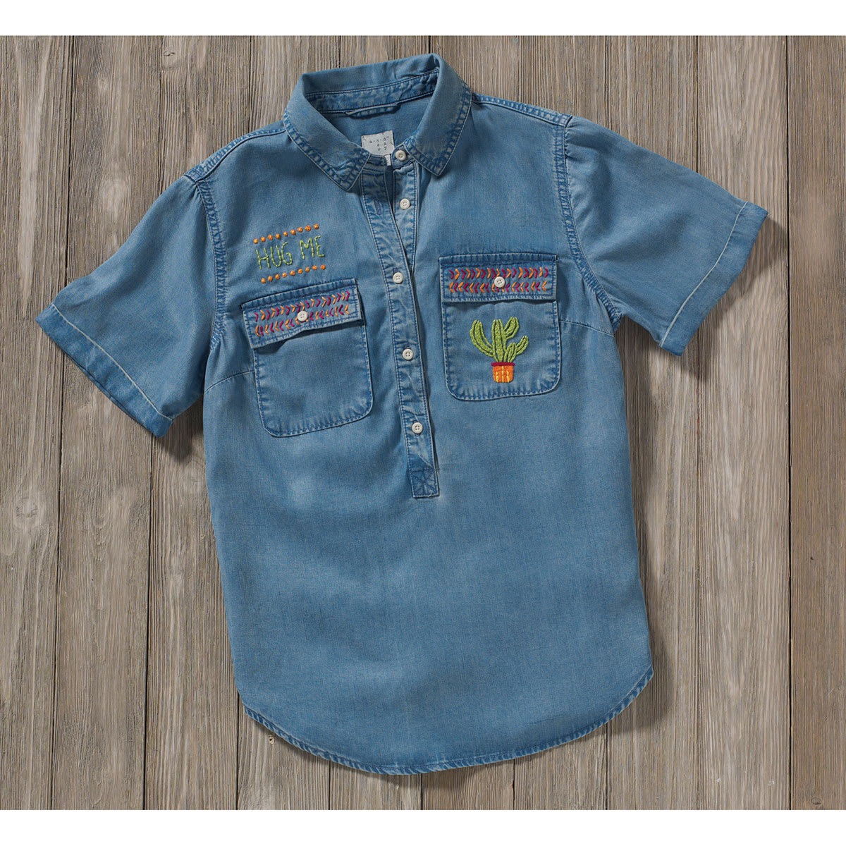 Embroidery Template Kits - Denim shirt embroidered with Hug Me designs
