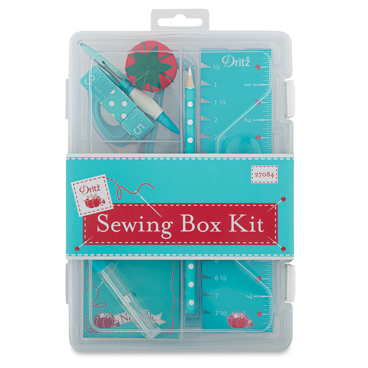 Dritz Sewing Box Kit, Blue and Red, front of packaging.
