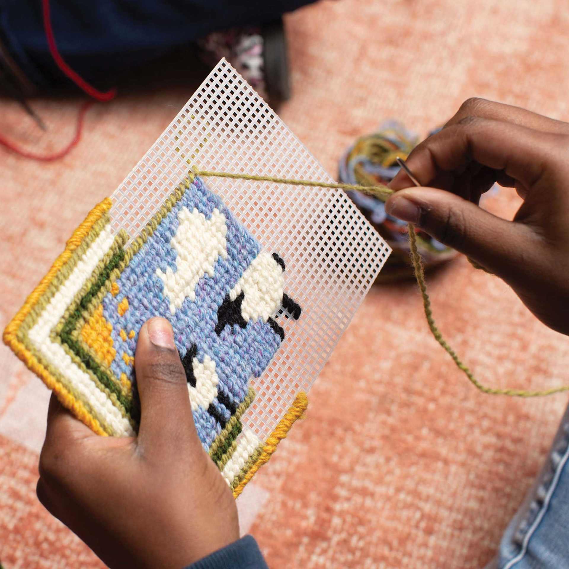 Friendly Loom Explore Needlepoint Homestead Kit sheep design project being in progress