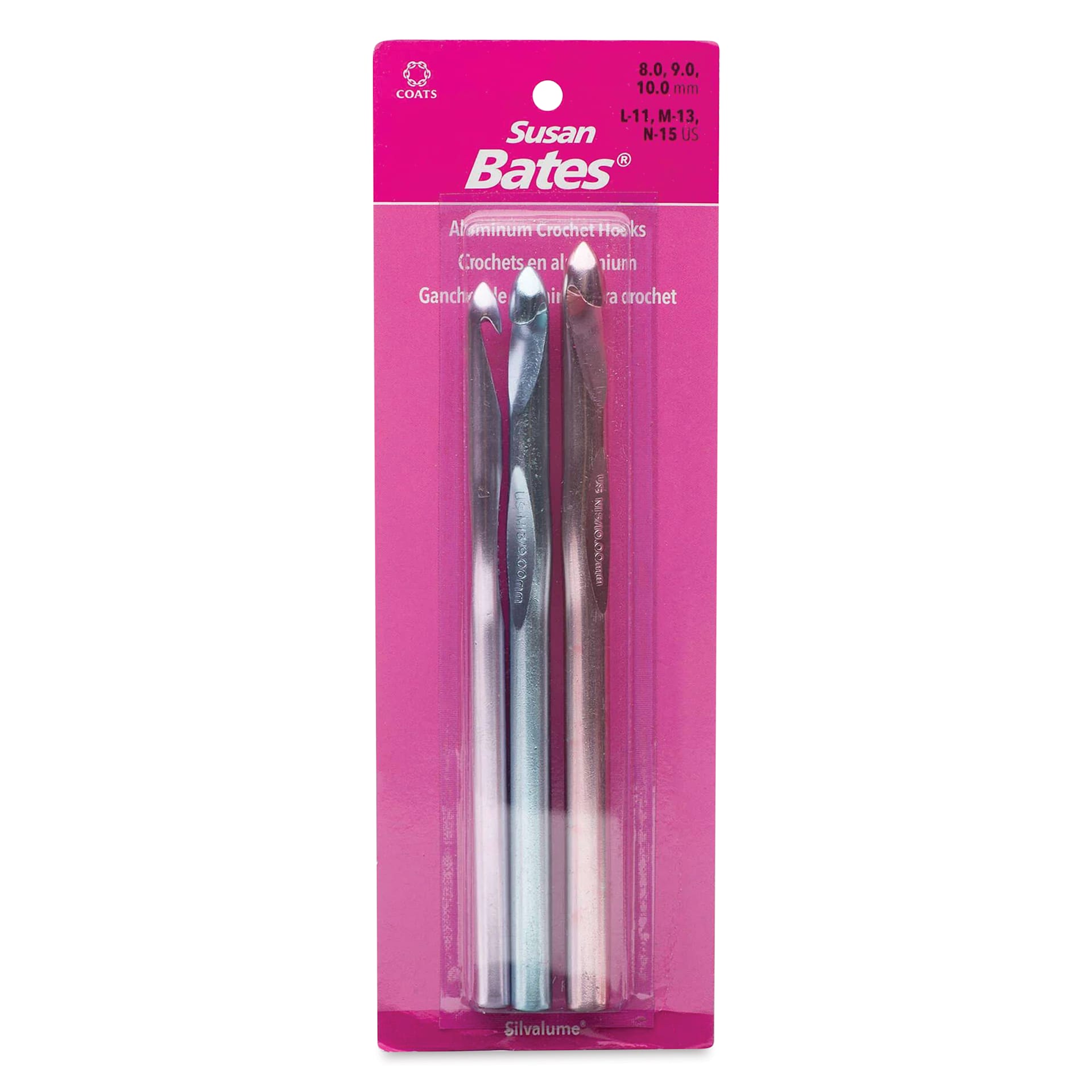 Susan Bates Silvalume Crochet Hook Set - Set of 3, L11, M13 and N15 front of packaging