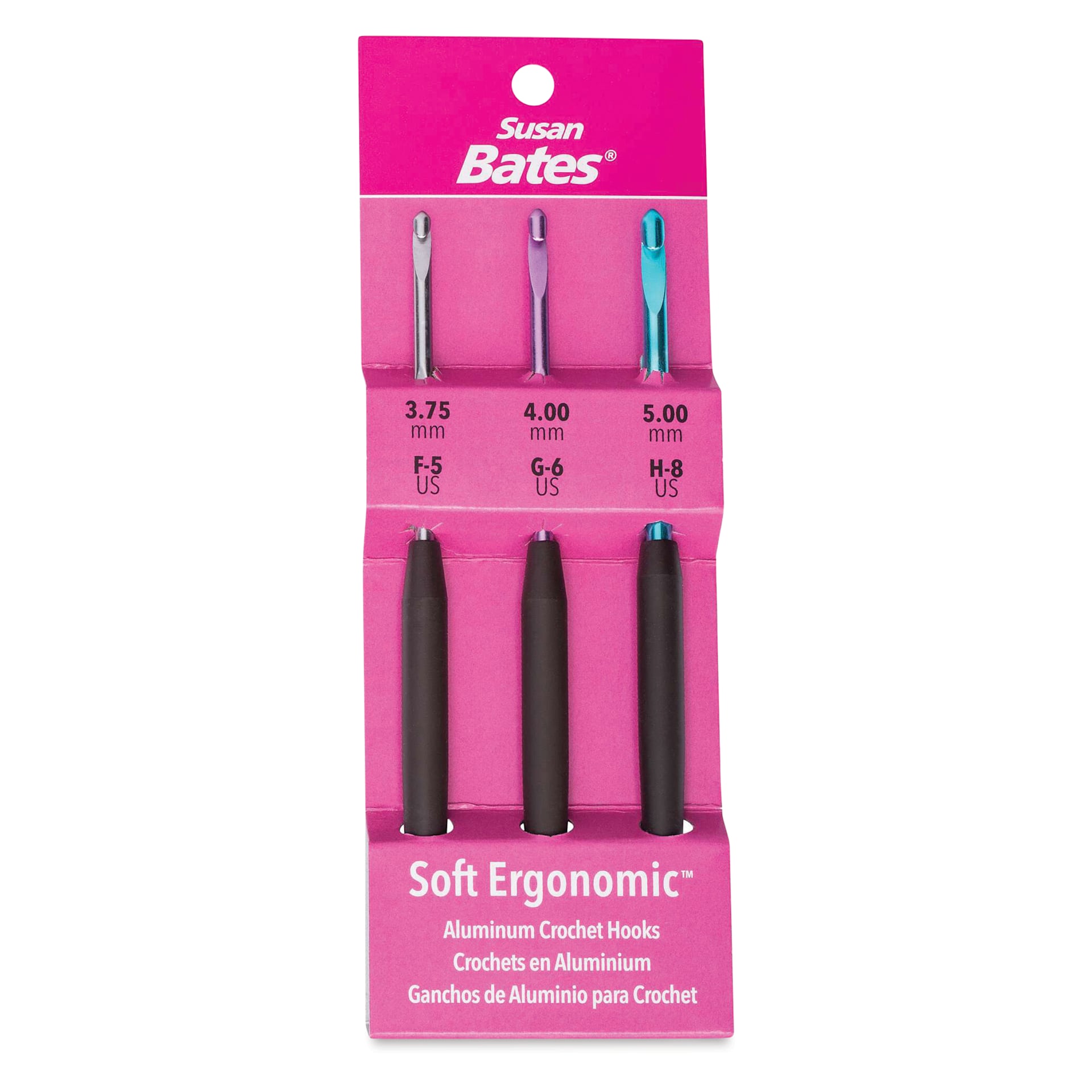 Susan Bates Ergonomic Crochet Hook Set - Set of 3, US F5, G6, and H8 front of packaging