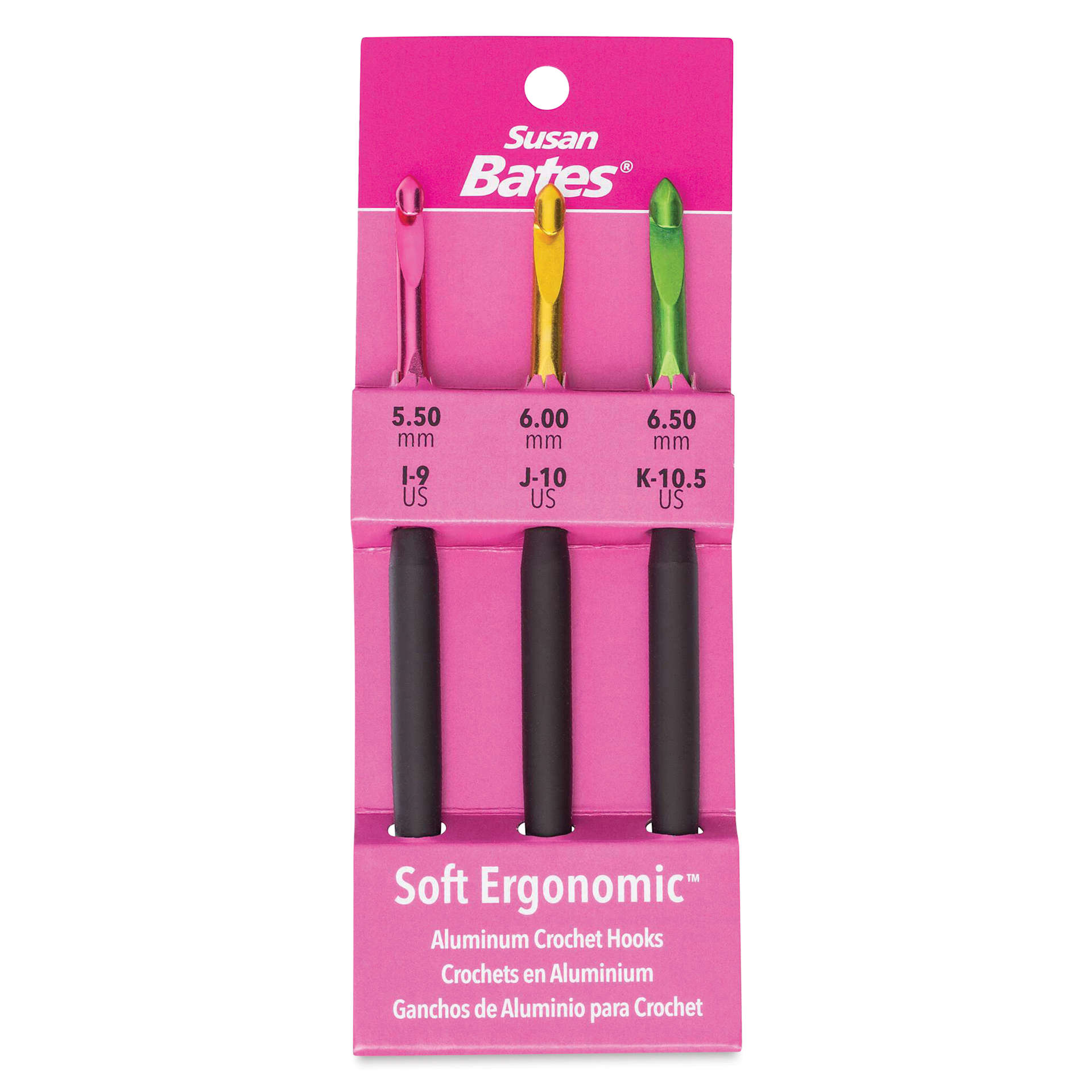 Susan Bates Ergonomic Crochet Hook Set - Set of 3, US I9, J10, and K10 front of packaging
