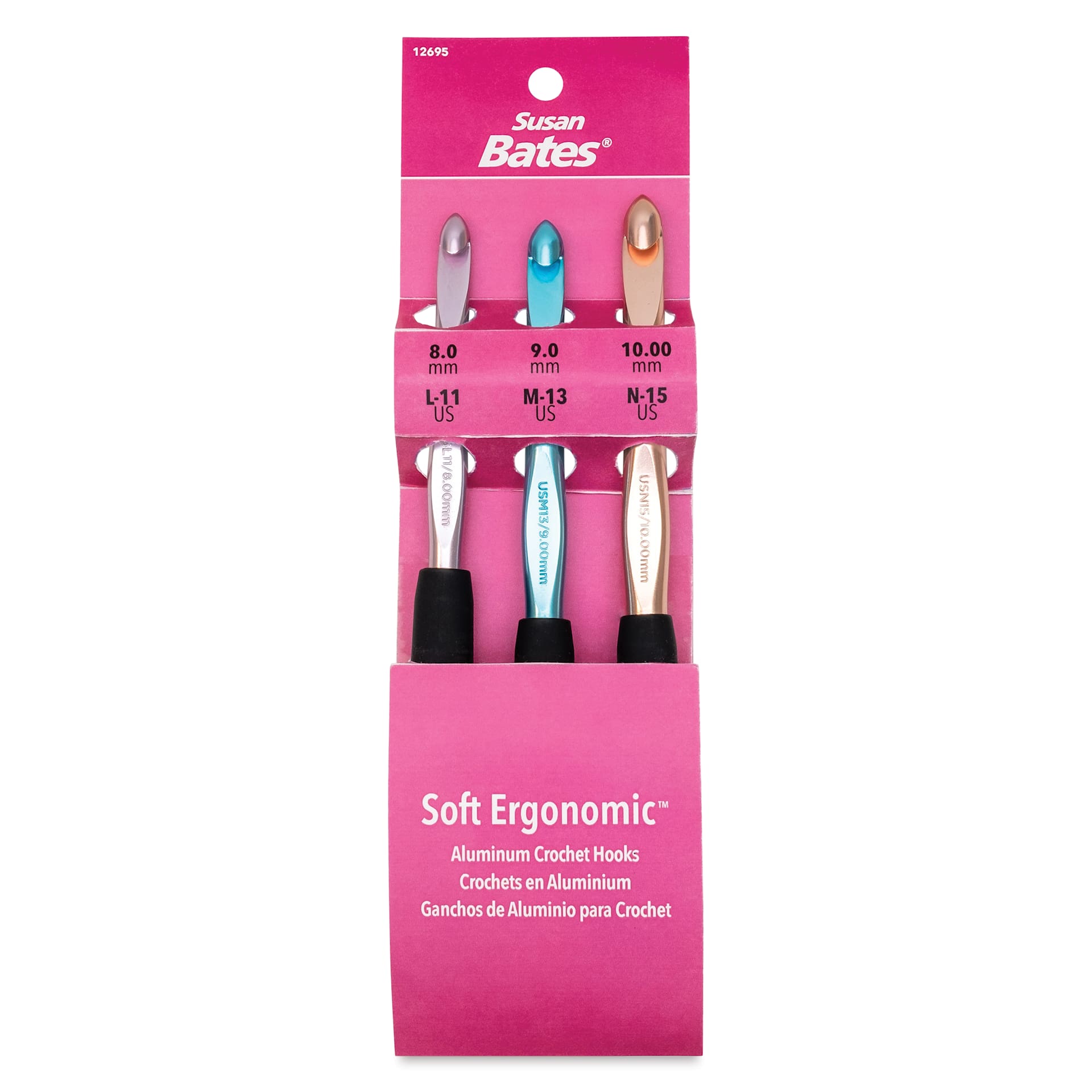 Susan Bates Ergonomic Crochet Hook Set - Set of 3, US L11, M13, and N15 front of packaging