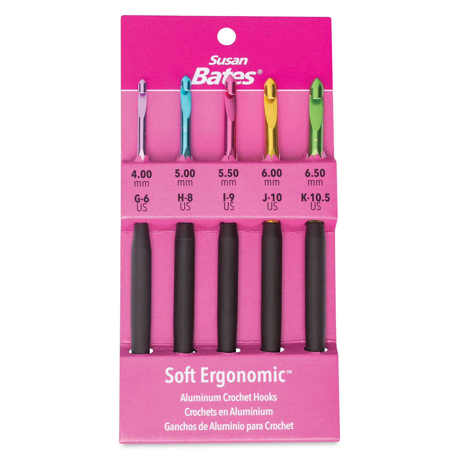 Susan Bates Ergonomic Crochet Hook Set - Set of 5, US G6, H8, I9, J10 and K10.5 front of packaging