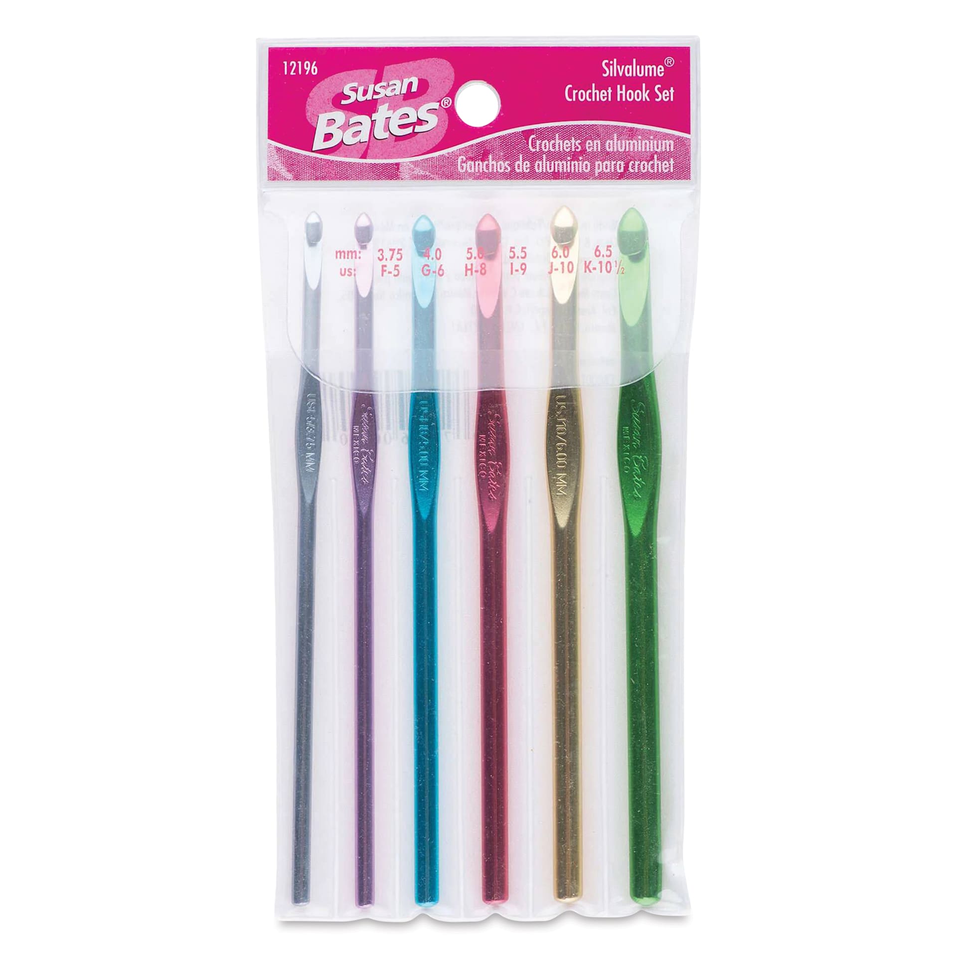 Susan Bates Silvalume Crochet Hook Set - Set of 6, F5, G6, H8, I9, J10 and K10-1/2 front of packaging