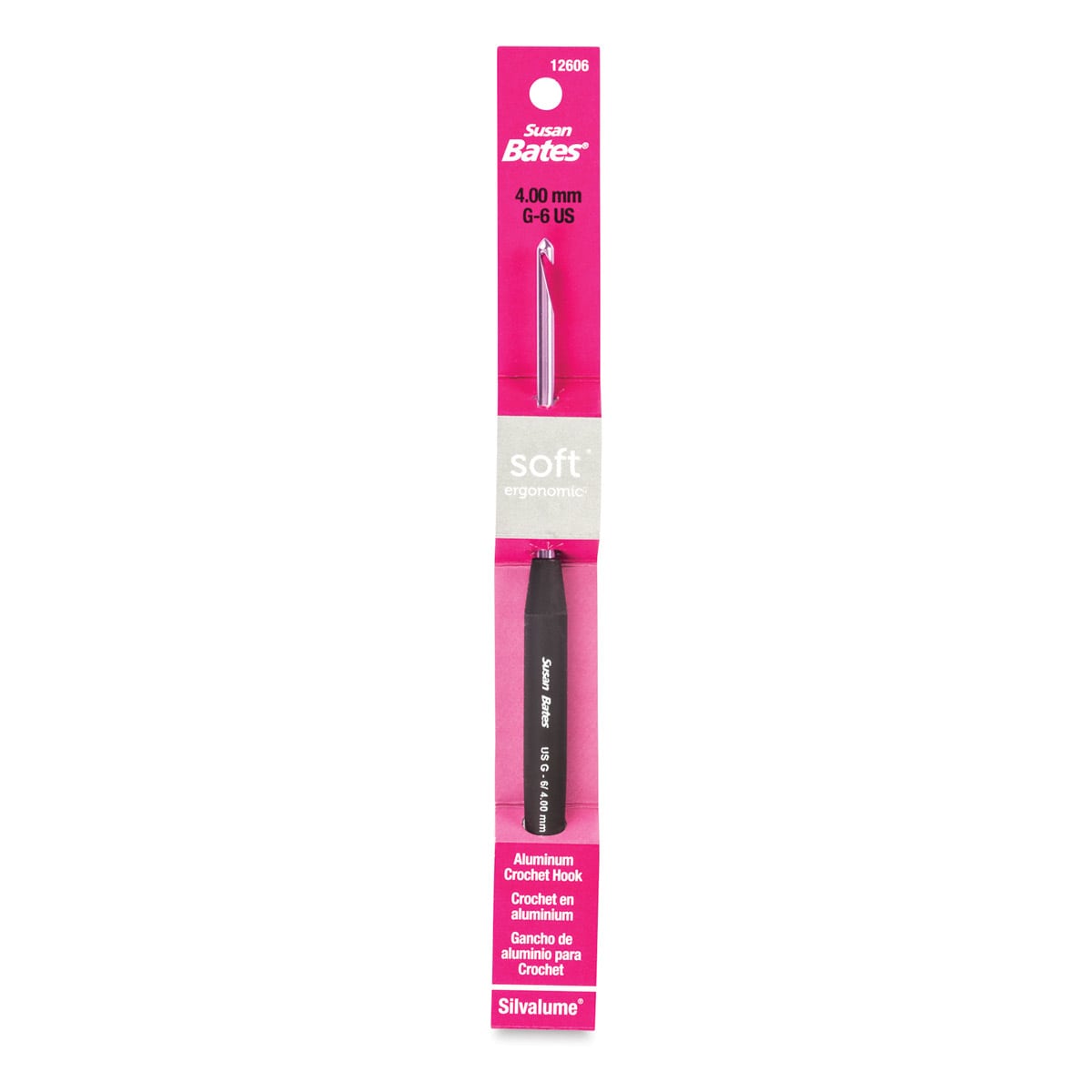 Susan Bates Ergonomic Crochet Hook - G6, 4 mm shown in packaging
