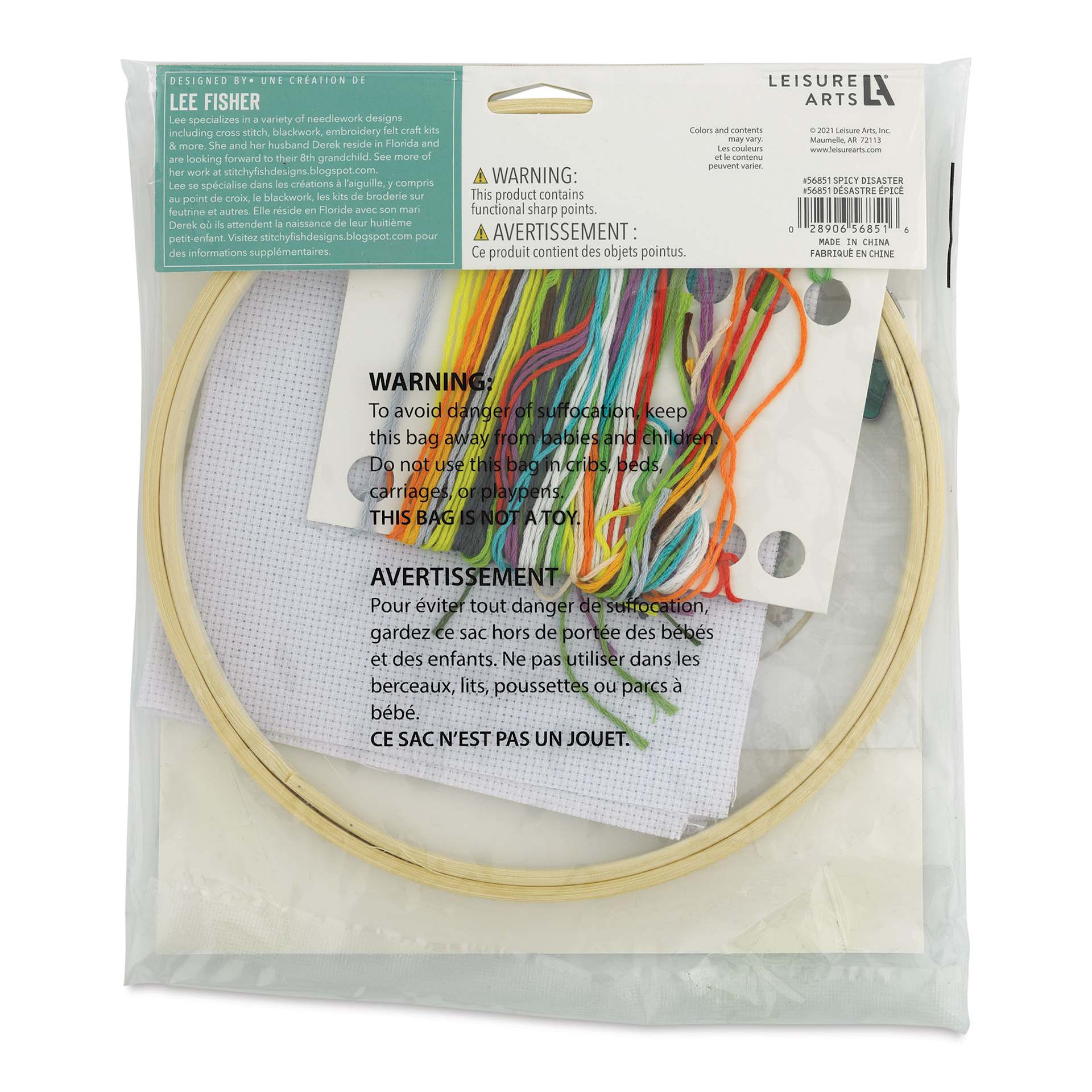 Leisure Arts Cross Stitch Kit - Spicy Disaster, 7", back of the packaging