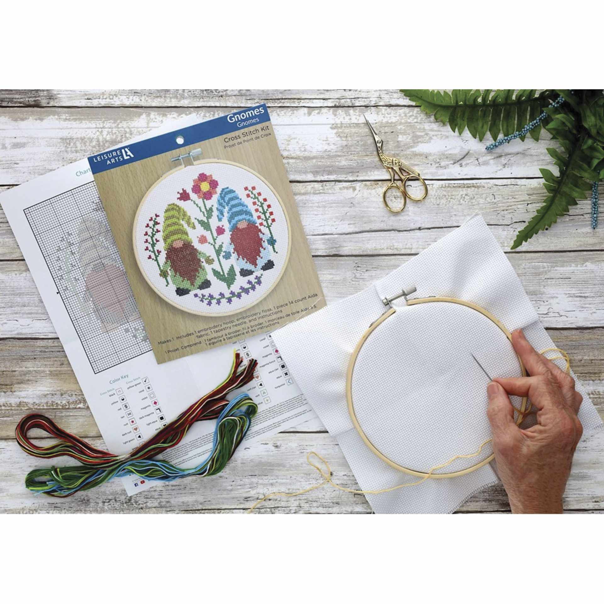 Leisure Arts Cross Stitch Kit - Gnomes, 6" - in progress