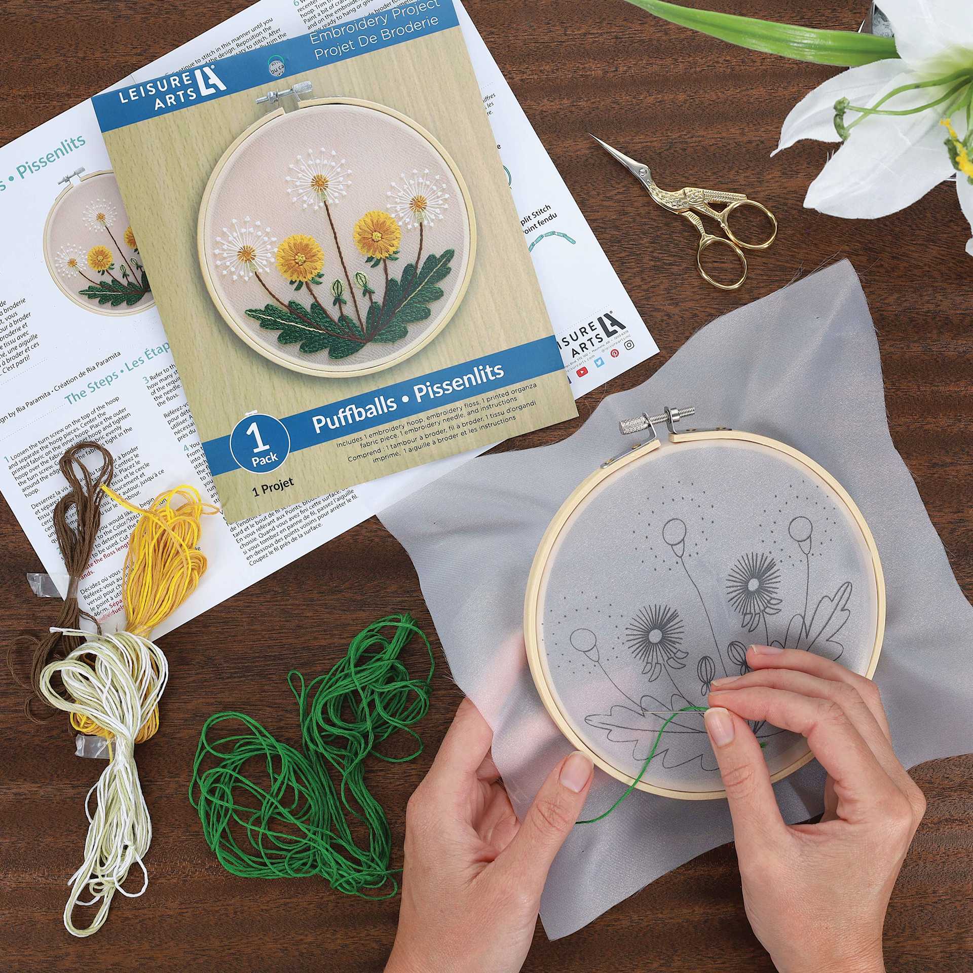 Leisure Arts Organza Embroidery Kit - Puffballs in progress