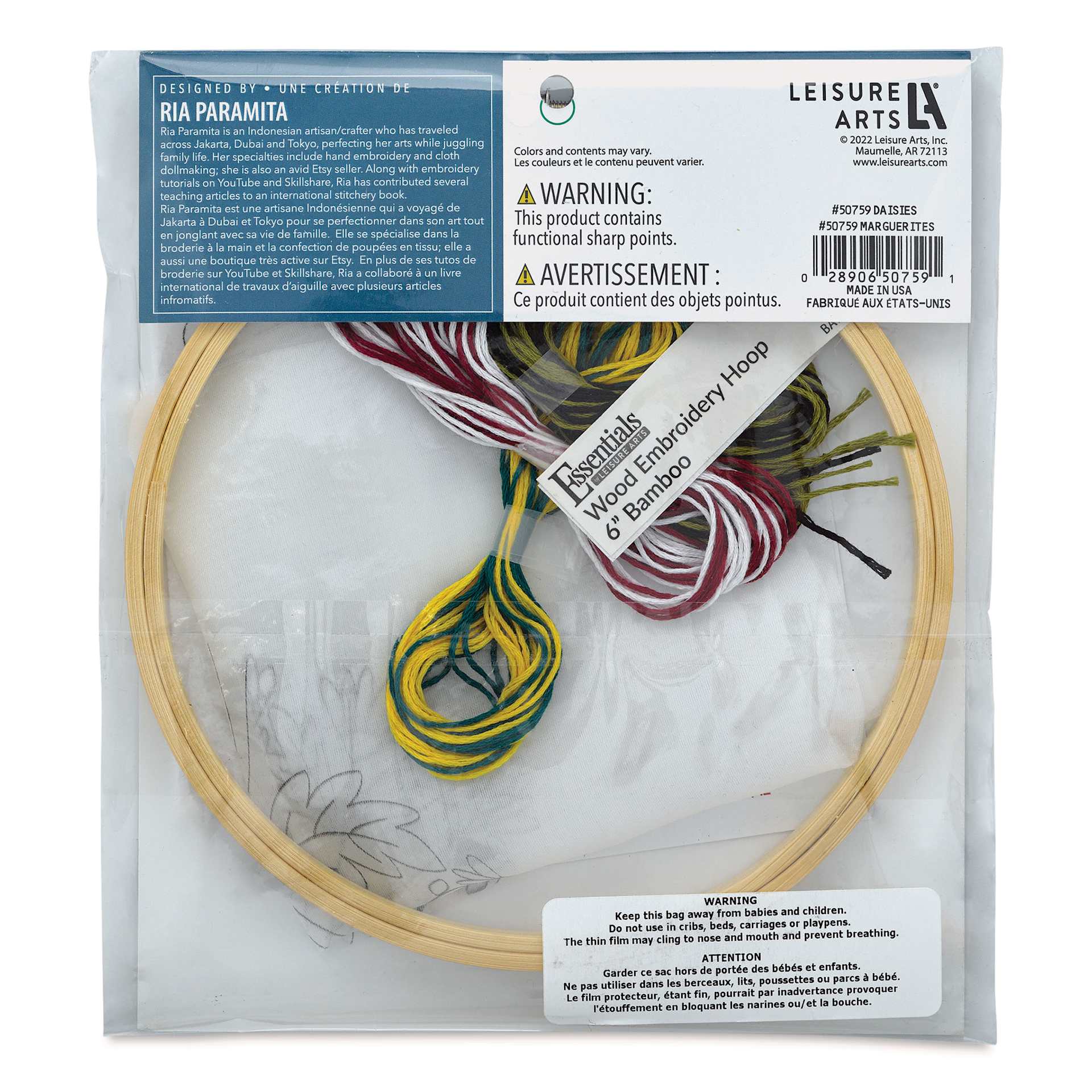 Leisure Arts Organza Embroidery Kit - Daisies, back of the packaging