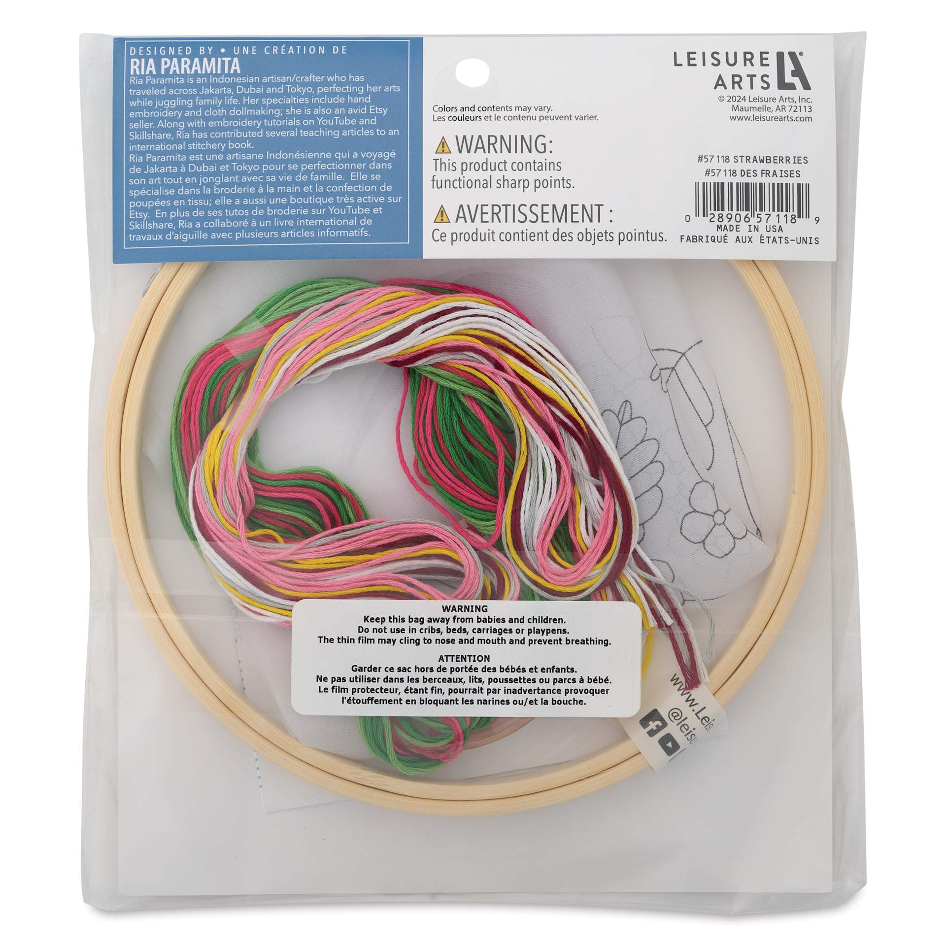 Leisure Arts Organza Embroidery Kit - Strawberries, back of packaging