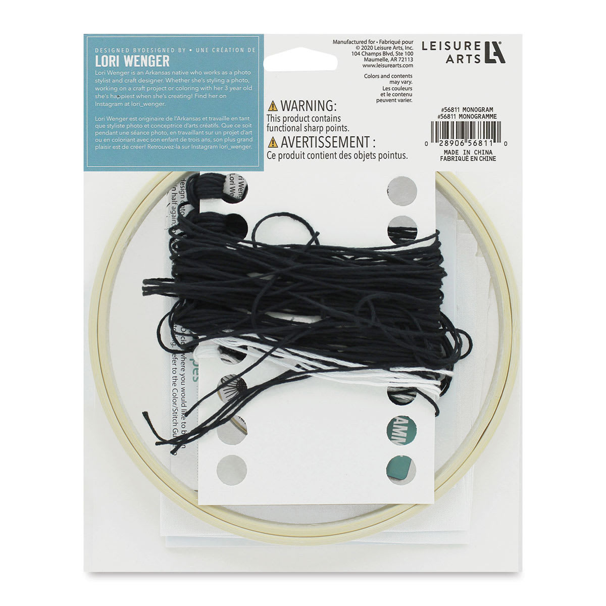 Leisure Arts Embroidery Kit - Monogram, back of the packaging