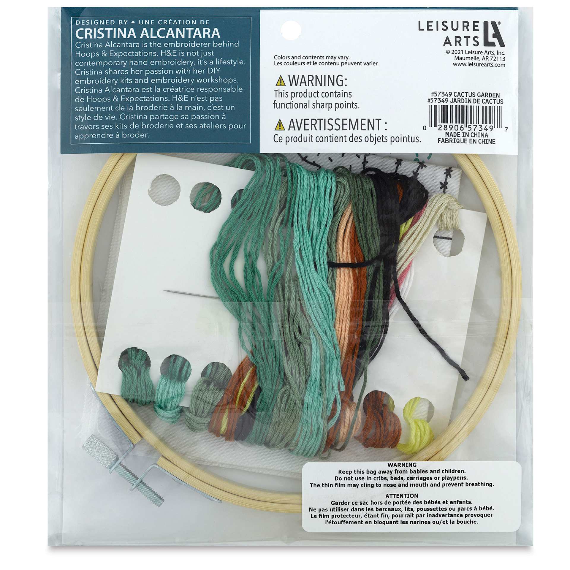 Leisure Arts Embroidery Kit - Cactus Garden, 6", back of the packaging