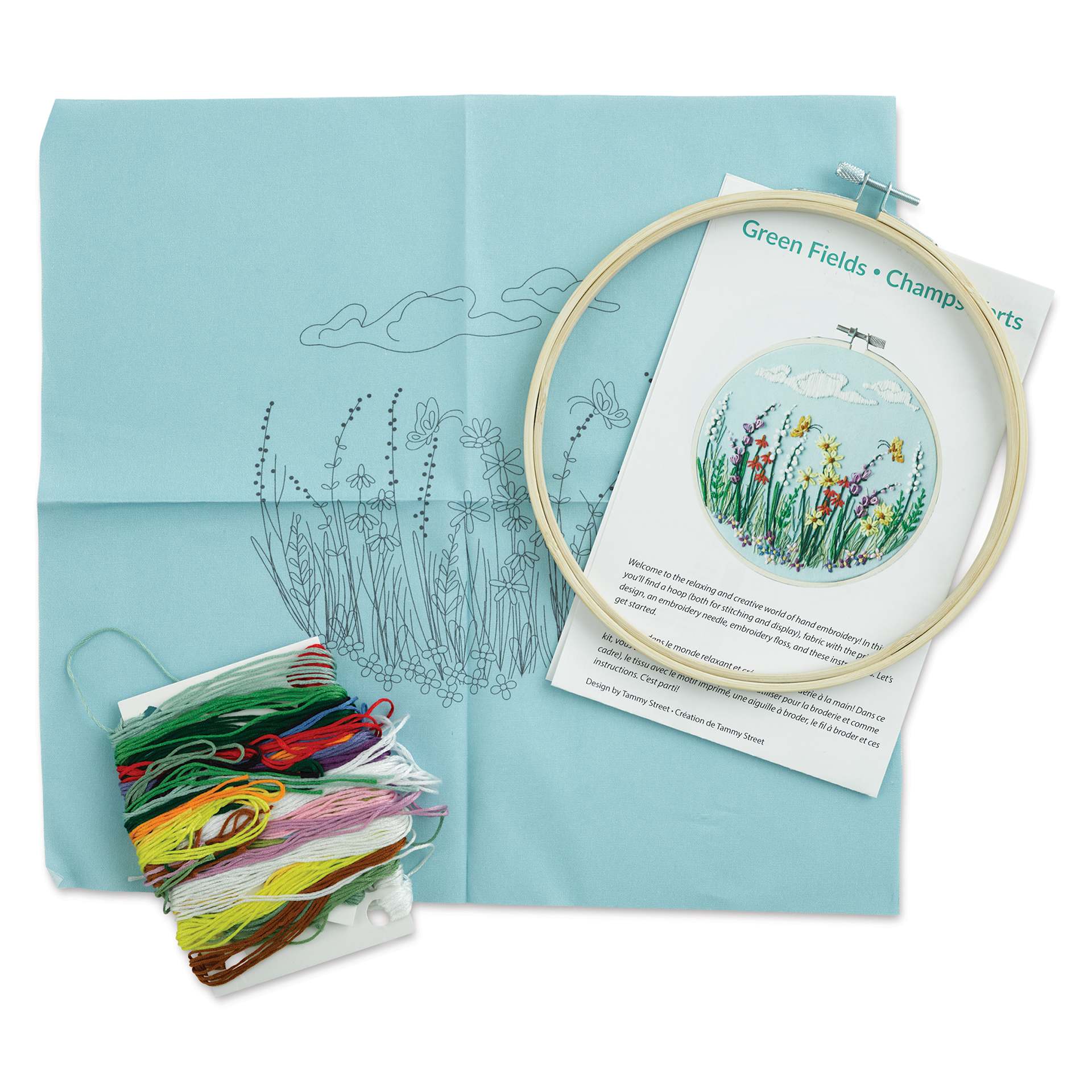 Leisure Arts Embroidery Kit - Green Fields, 8", contents laid out