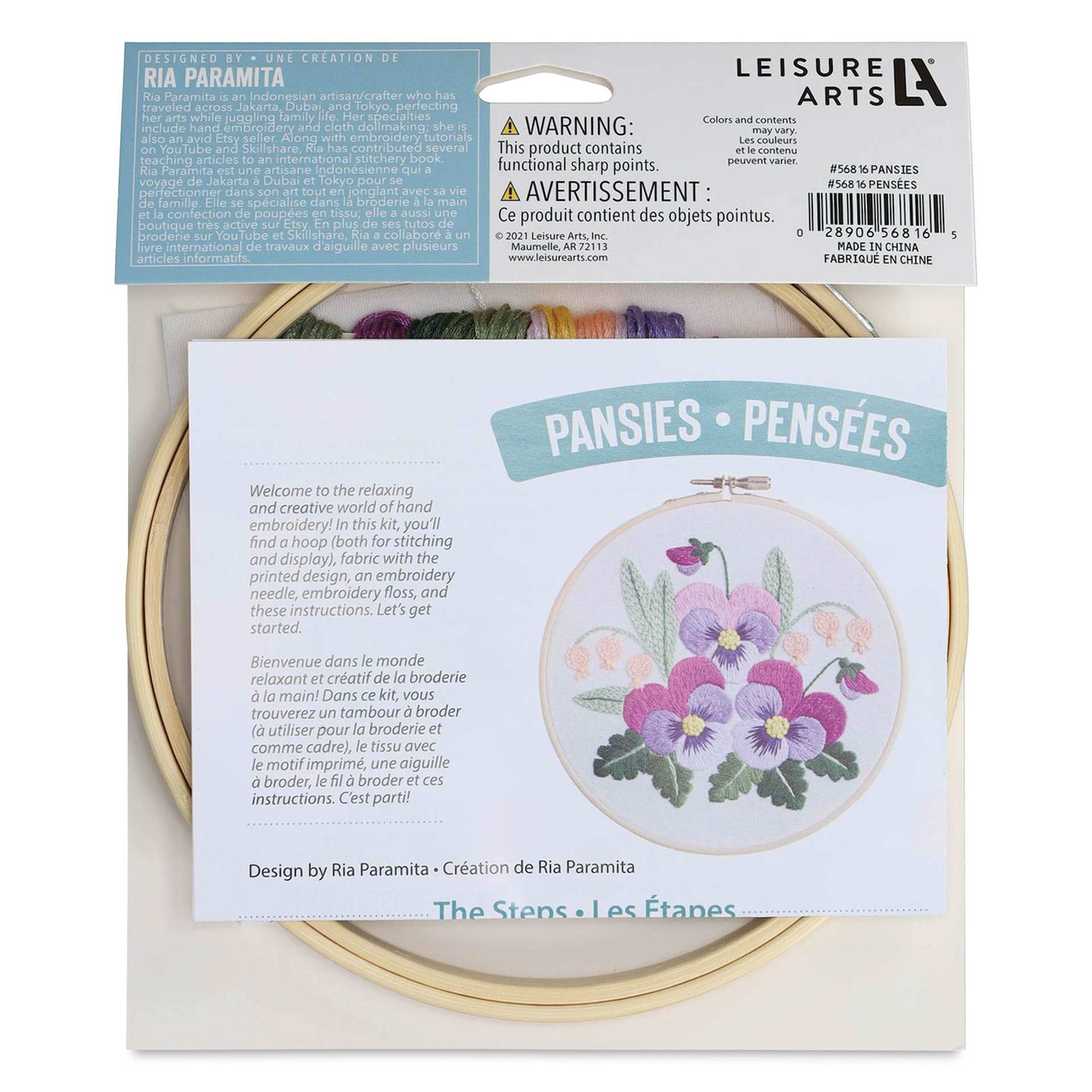 Leisure Arts Embroidery Kit - Pansies, 6", back of the packaging