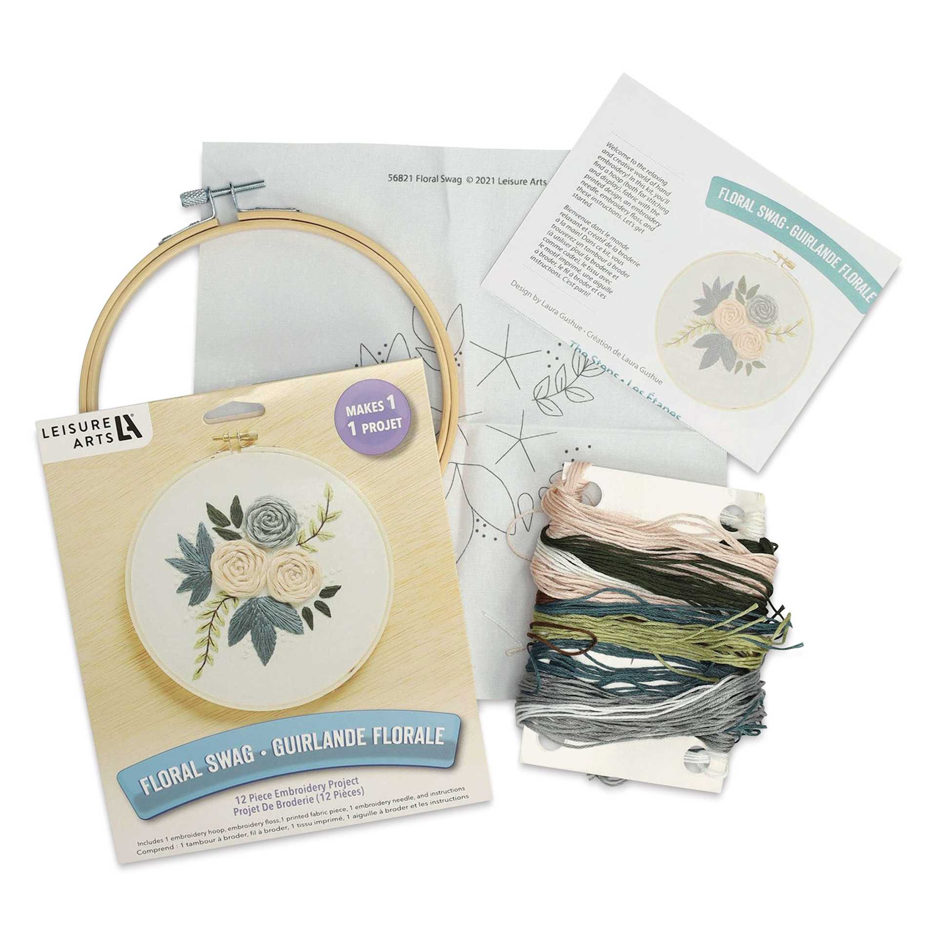 Leisure Arts Embroidery Kit - Floral Swag, 6", contents laid out