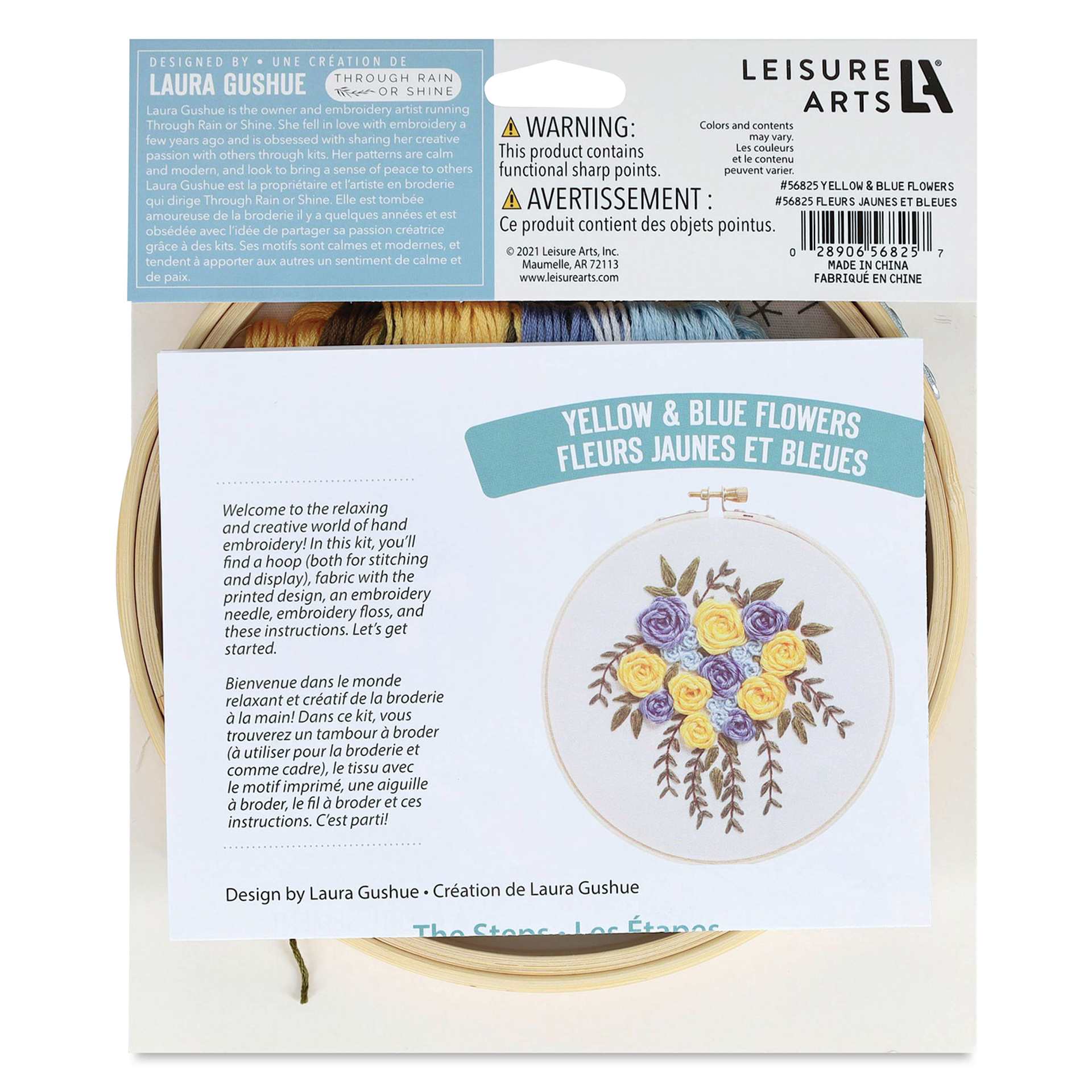 Leisure Arts Embroidery Kit - Yellow and Blue Flowers, 6", back of the packaging