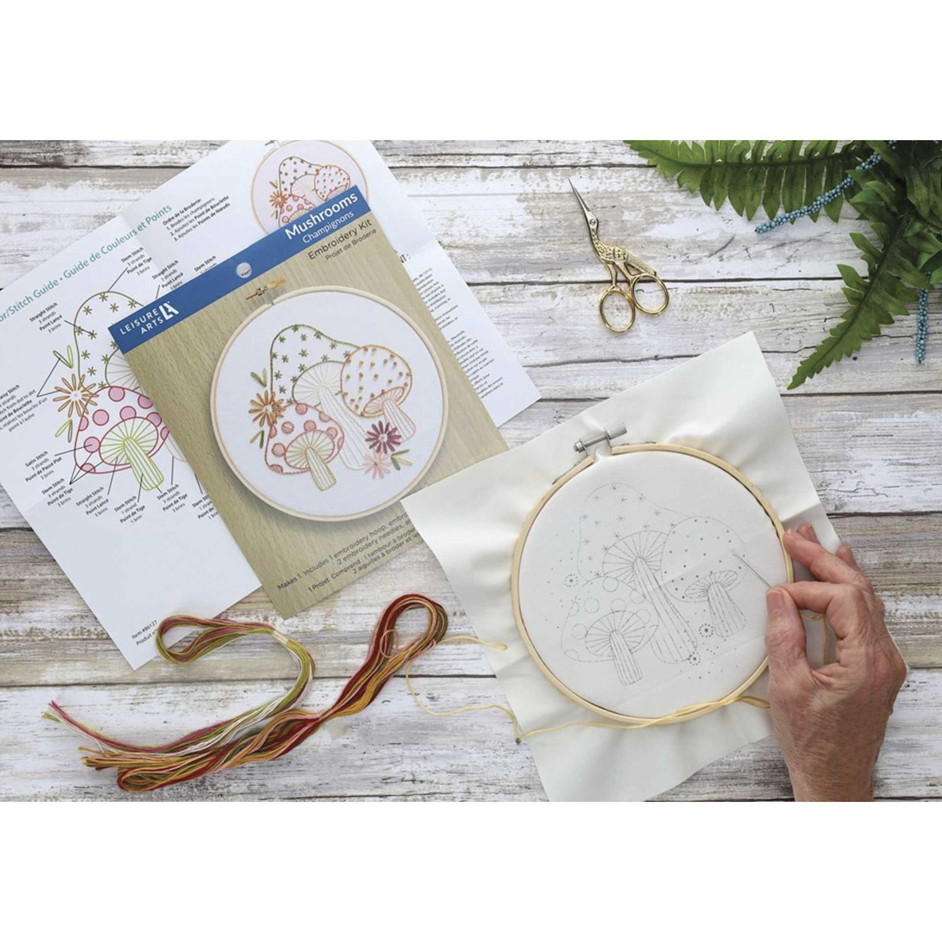 Leisure Arts Embroidery Kit - Mushrooms, 6" - in progress