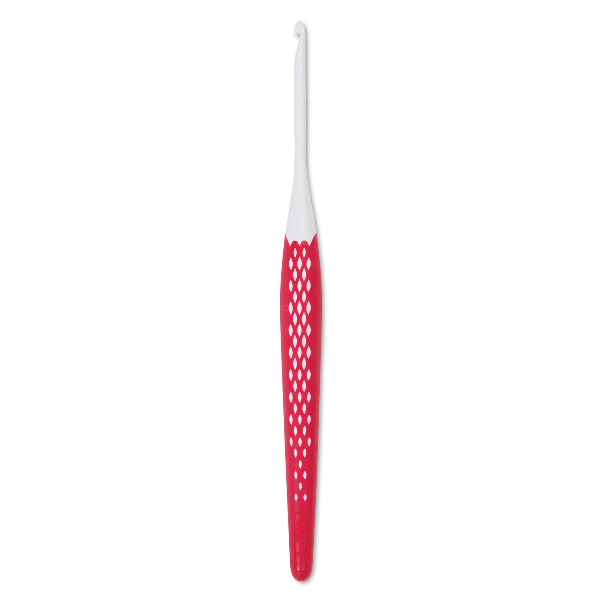 Prym Ergonomics Crochet Hook - E, hook in upright position outside of the packaging