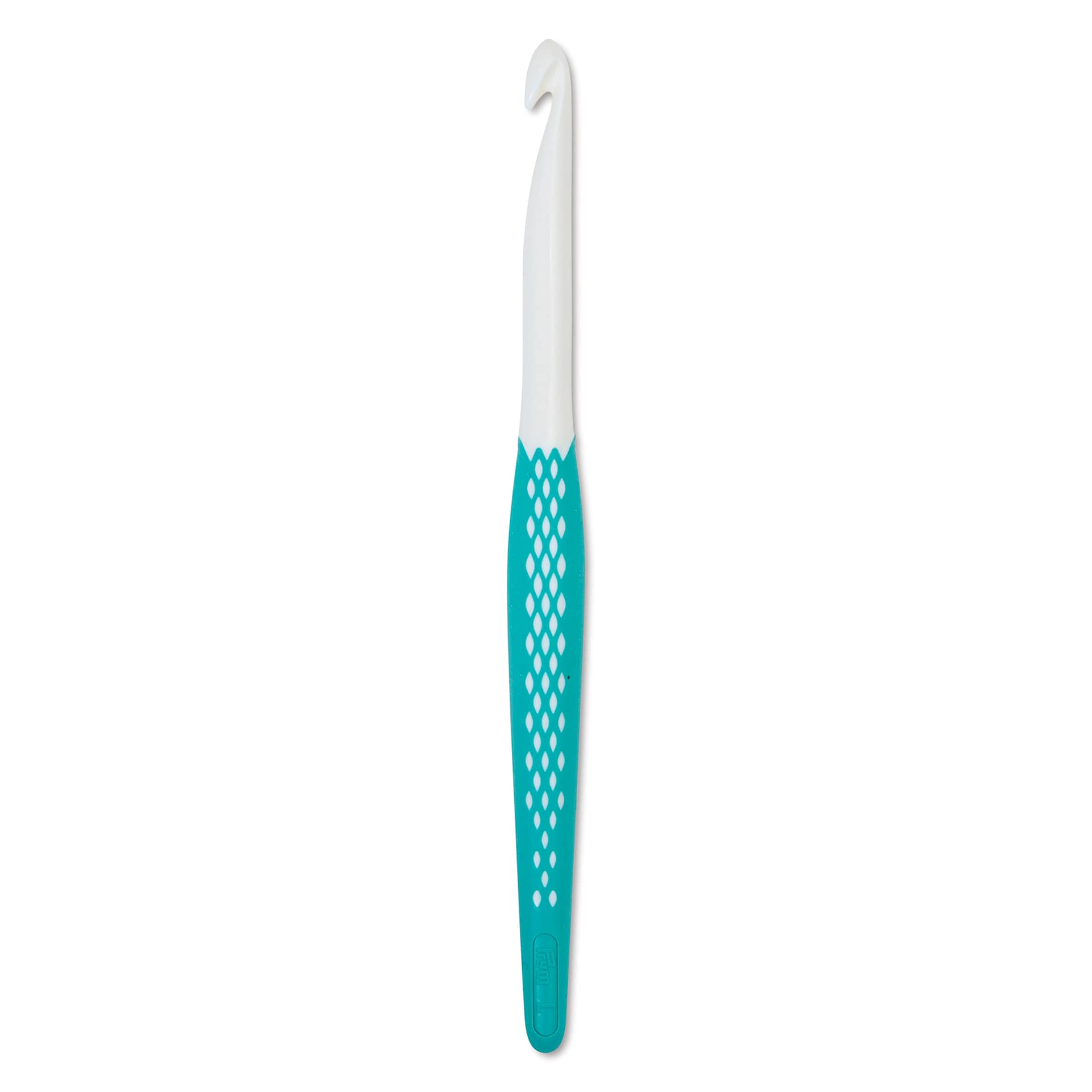 Prym Ergonomics Crochet Hook - L, hook in upright position outside of the packaging